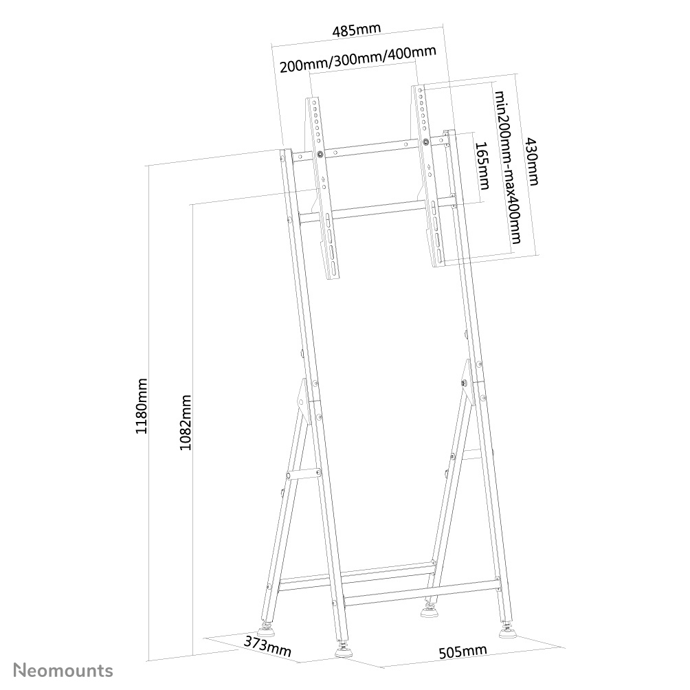 Ein weißes Diagramm eines TV-Ständers mit Maßen in Millimetern. Maße: 485 mm, 430 mm, 1180 mm, 1082 mm, 505 mm, 373 mm, 165 mm.