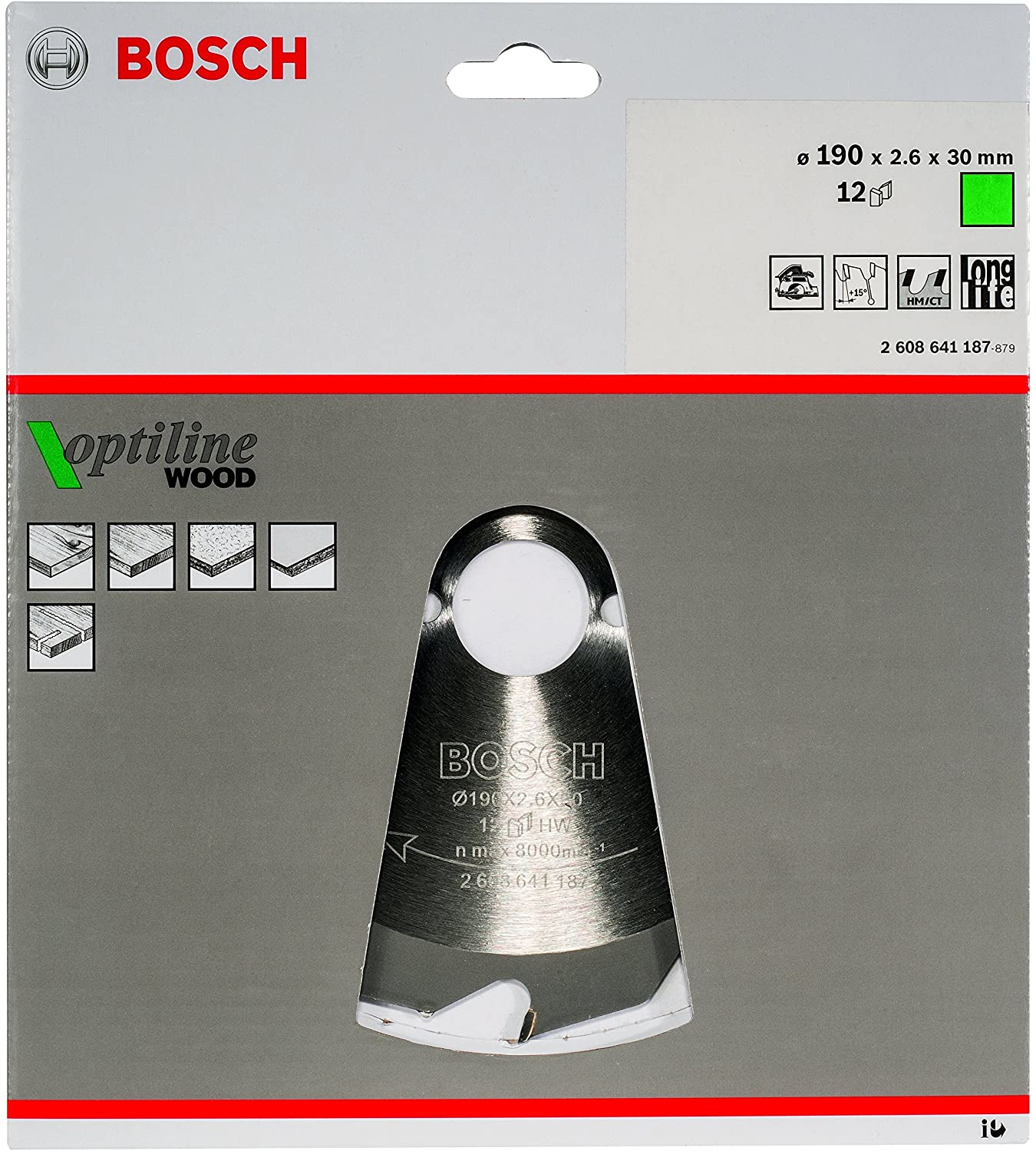 Bosch Optiline Wood Sägeblatt auf Verpackung. Grauer und weißer Hintergrund. Details umfassen Größe, Spezifikationen und Logos.
