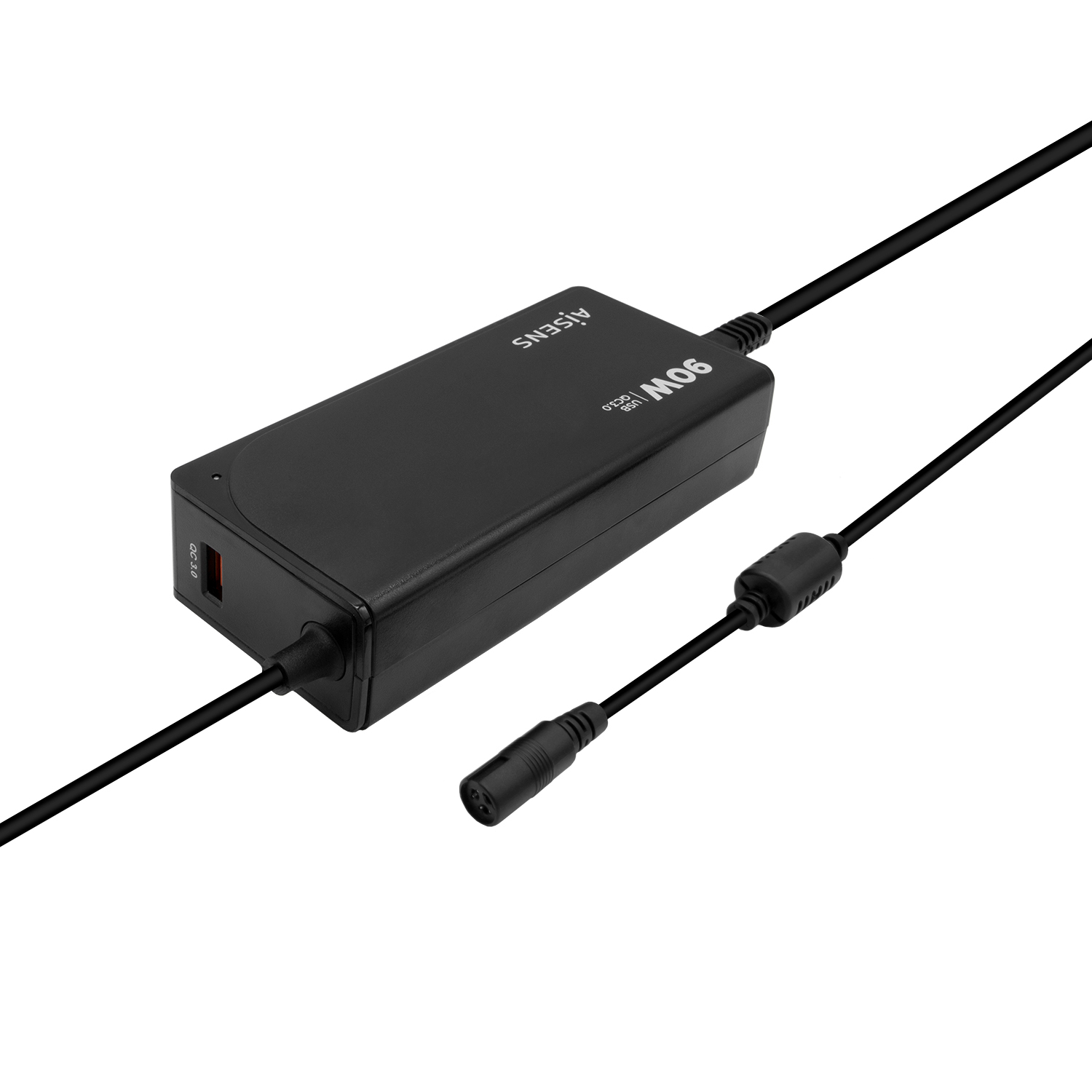 Un adaptador de corriente AISENS 90W negro con cables y conectores negros sobre fondo blanco.