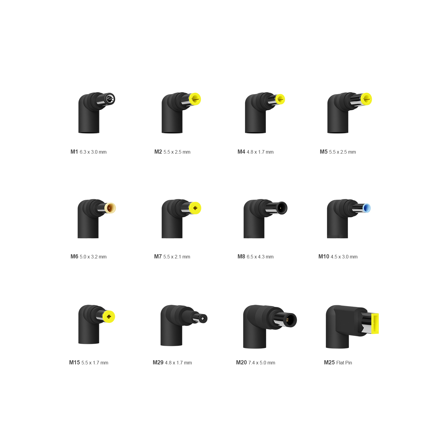 La imagen muestra varias puntas de adaptador de corriente negras con centros y tamaños de diferentes colores, etiquetadas de M1 a M25, sobre un fondo blanco.