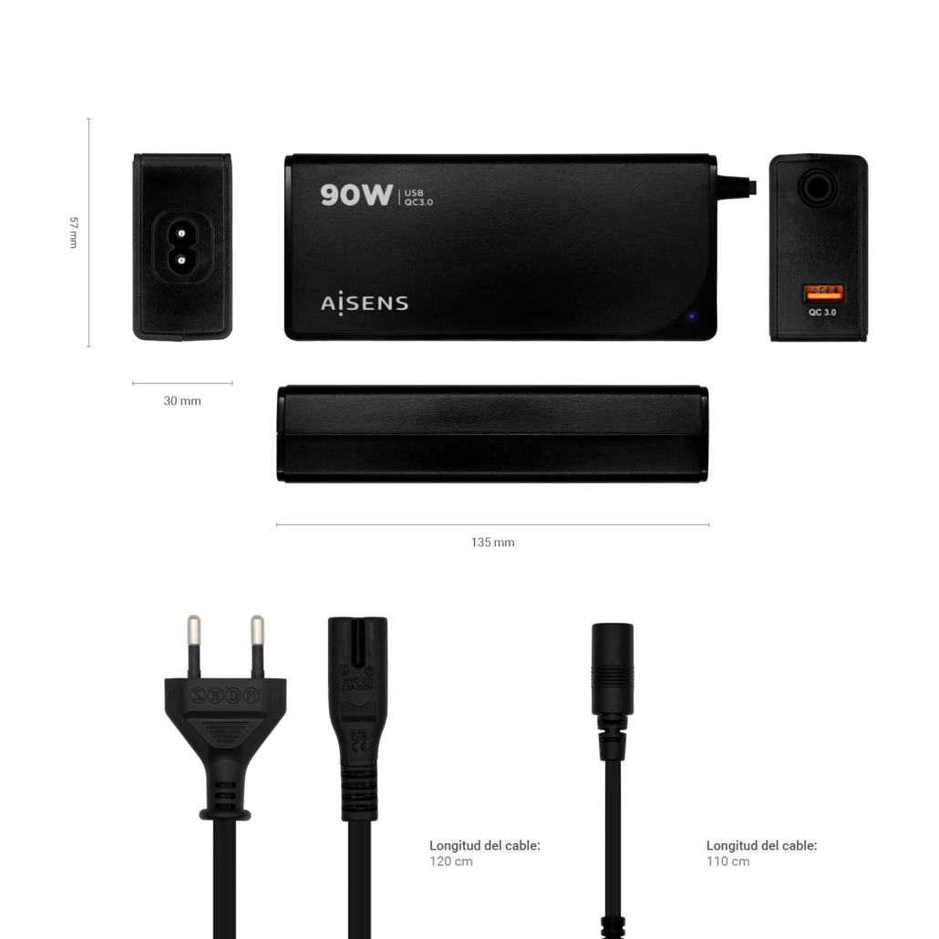 Componentes del cargador USB Aisens 90W negro: adaptador, cables de alimentación. Dimensiones visibles. Texto: QC 3.0, 120cm, 110cm.