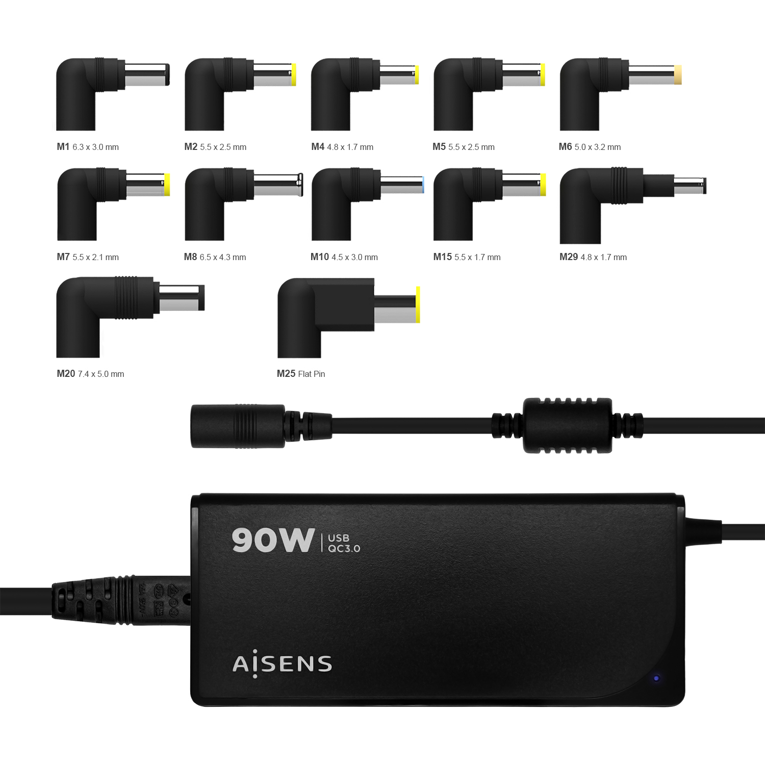 Adaptador de corriente negro con múltiples tipos de conectores y tamaños etiquetados. El adaptador es negro y tiene escrito 'AISENS'.
