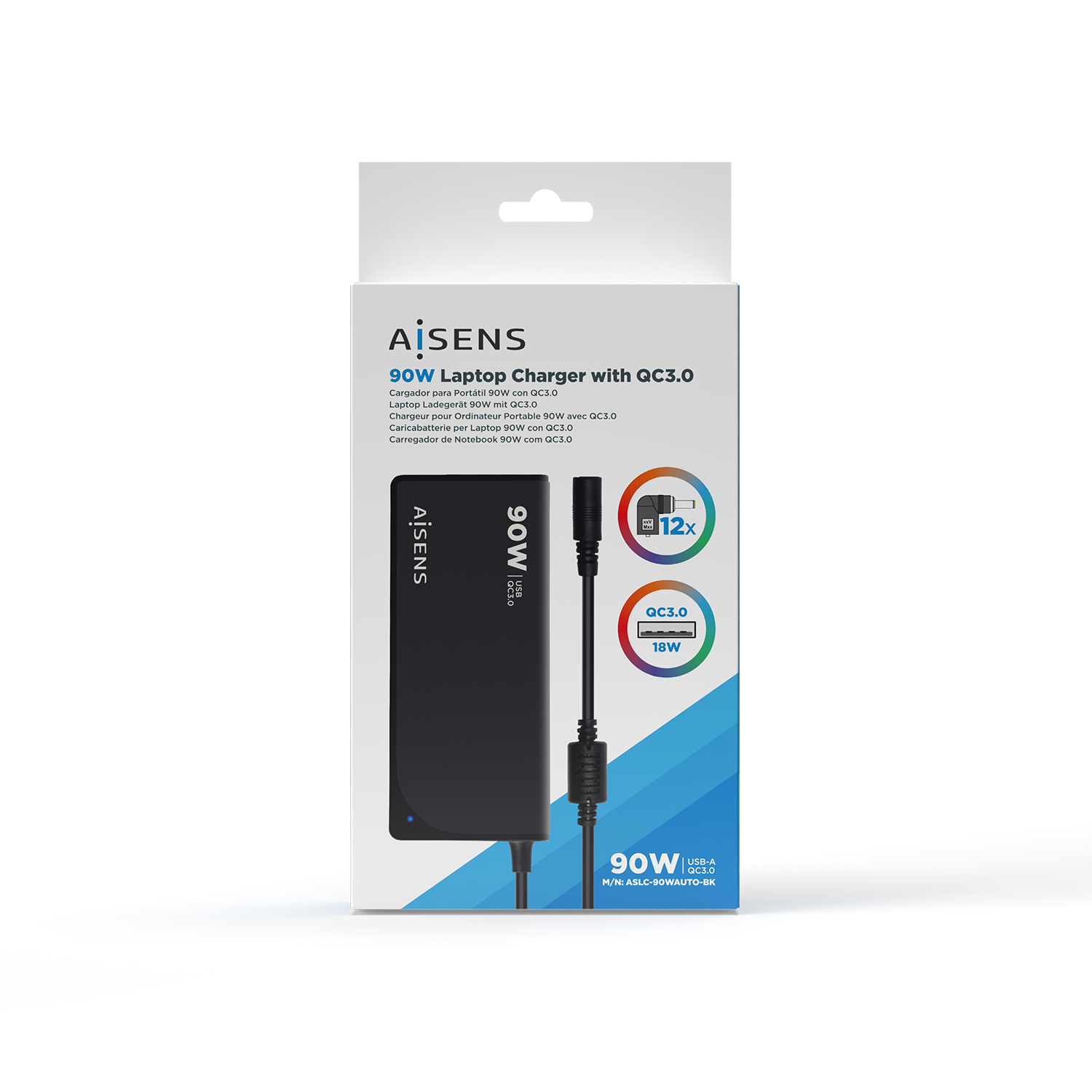 Un cargador para portátil con QC3.0, de la marca AISENS. Muestra el cargador y sus especificaciones sobre un fondo blanco.