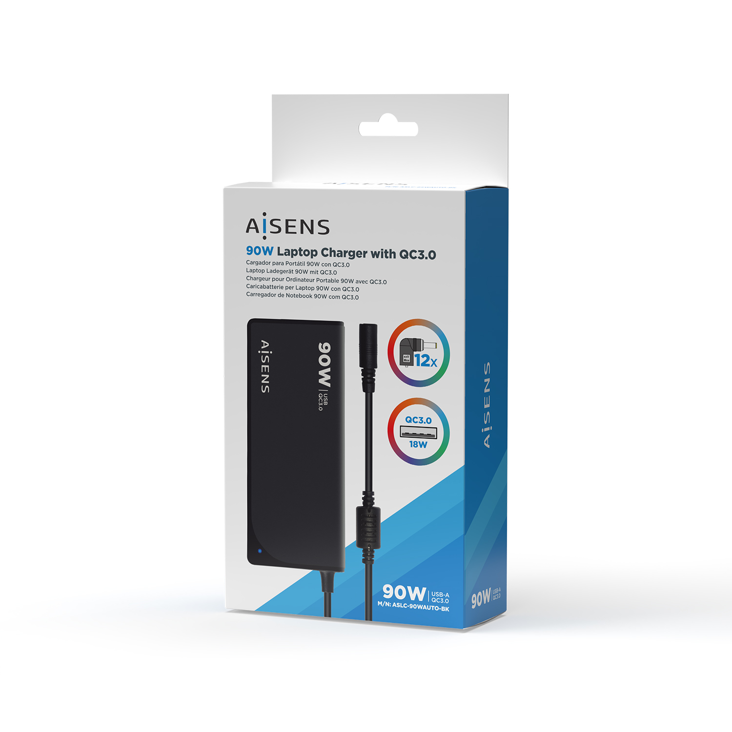 Una caja de cargador de portátil con un cargador y cable negro. La caja es blanca y azul, con detalles del producto y la marca.