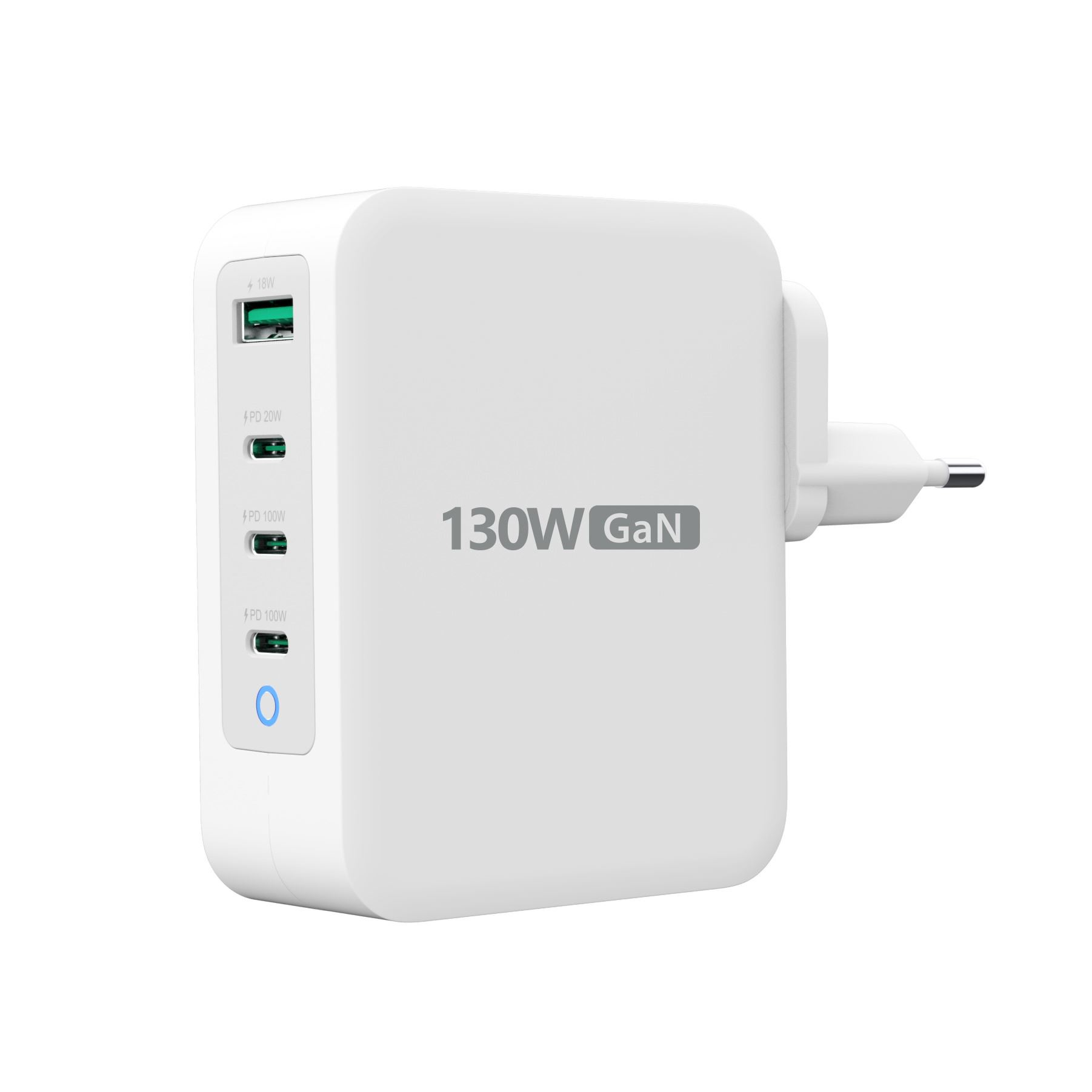 Weißes 130-W-GaN-Ladegerät mit mehreren Anschlüssen. Enthält einen Stecker und Betriebsanzeigen. Anschlüsse sind grün, blaue Anzeige.