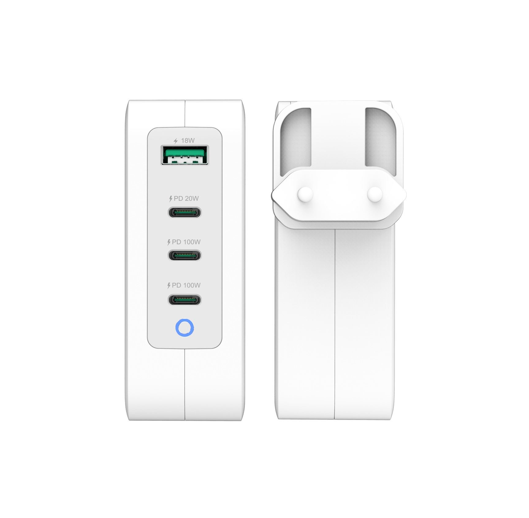 Weißer Netzadapter mit mehreren USB-Anschlüssen. Enthält einen faltbaren Stecker. Anschlüsse sind mit Leistungsangaben versehen.