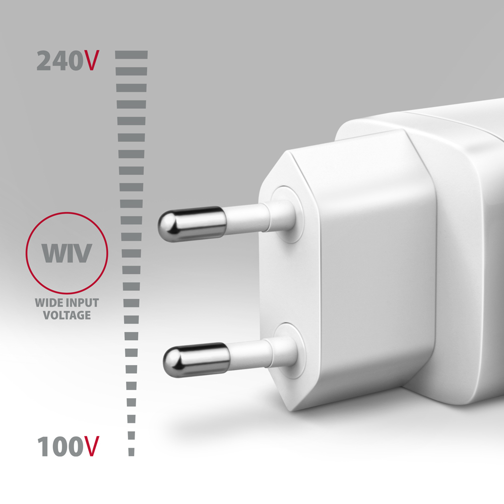 Ein weißes Netzteil mit zwei silbernen Stiften. Spannungsanzeigen von 100V bis 240V und WIV (Wide Input Voltage) sind vorhanden.