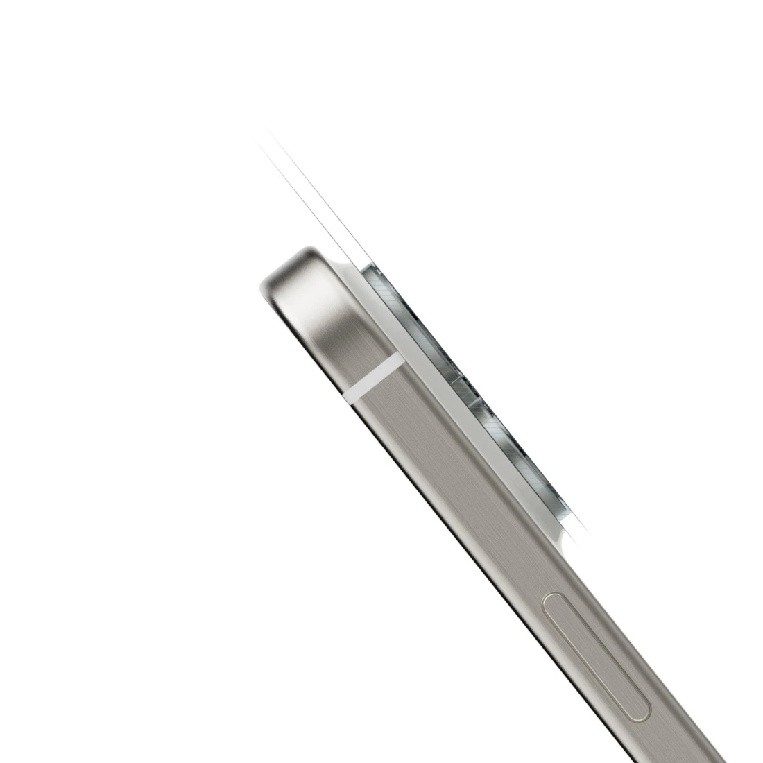 Zbliżenie srebrnego smartfona. Widoczna krawędź, pokazująca metalowy korpus, ekran i cienką białą linię.