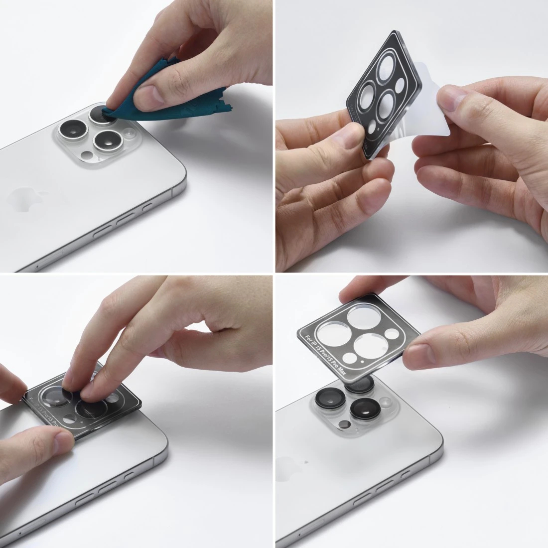 Ręce nakładają osłonę obiektywu aparatu na telefon. Kroki obejmują czyszczenie obiektywu, usunięcie osłony i jej nałożenie.