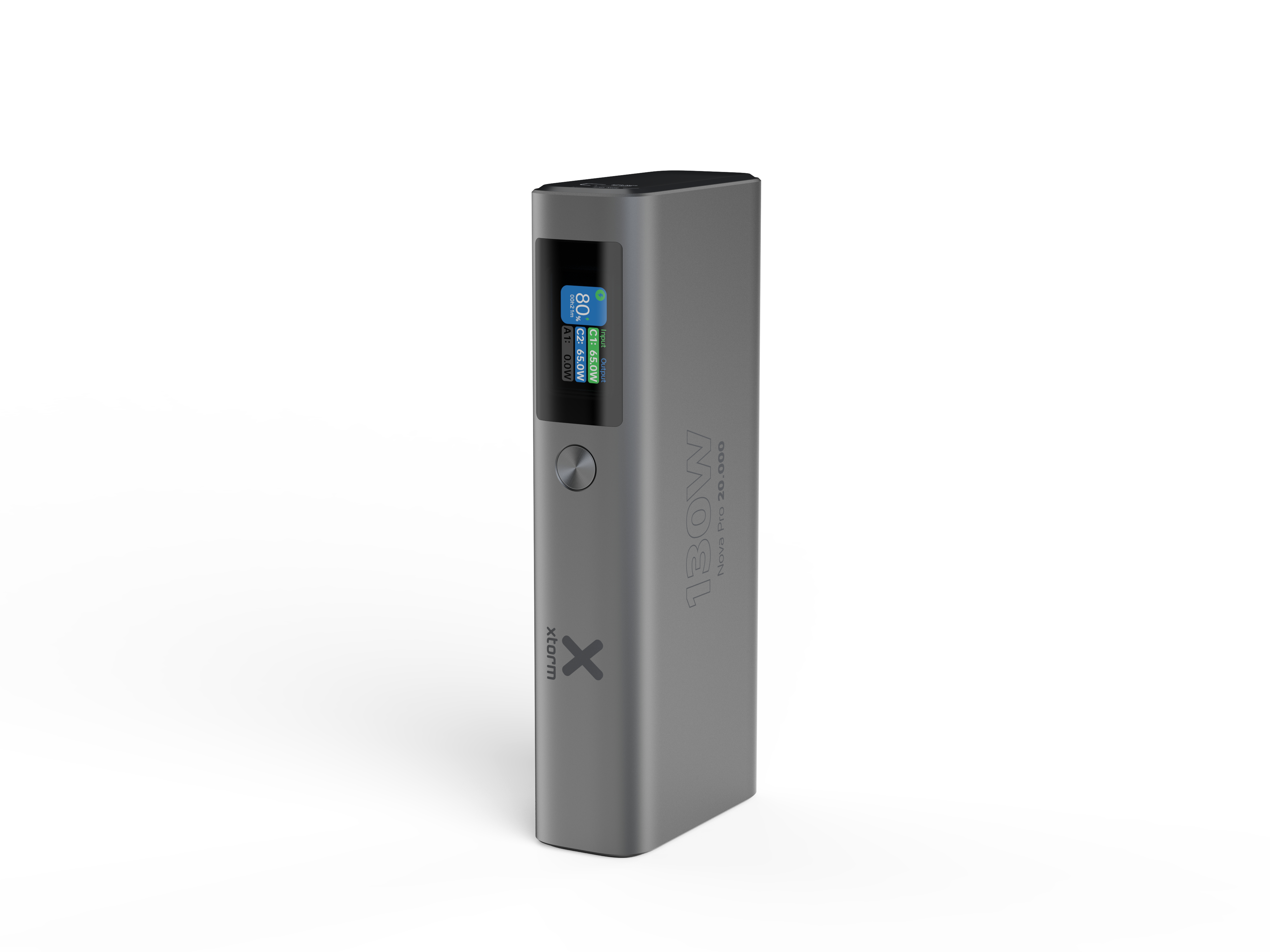 Graue Powerbank mit Bildschirm, der 80 % Ladung anzeigt. Sie hat den Text '130W' und die Marke 'X-storm'.