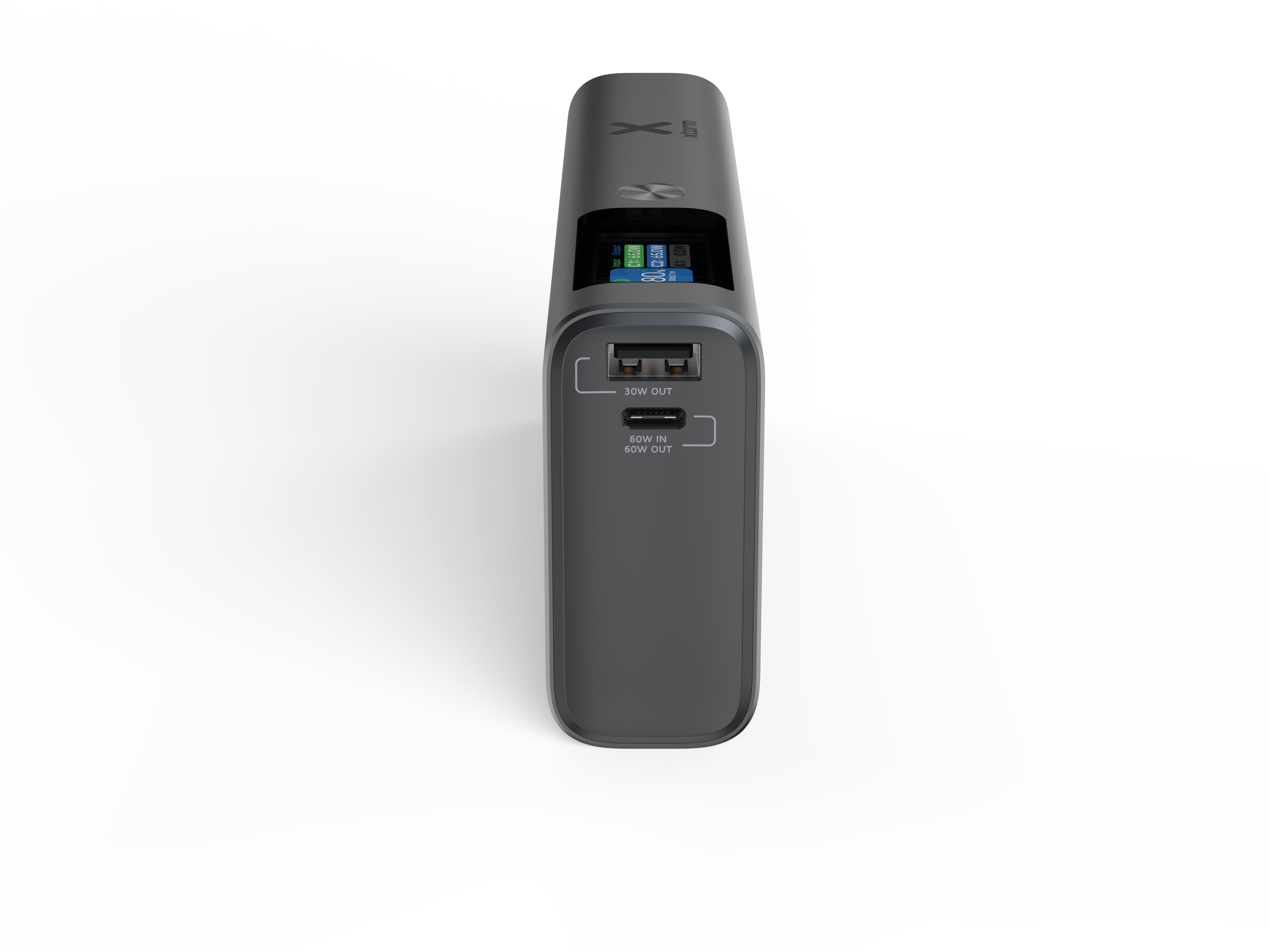 Dunkelgraue Powerbank mit Anschlüssen und Display. Weißer Hintergrund.