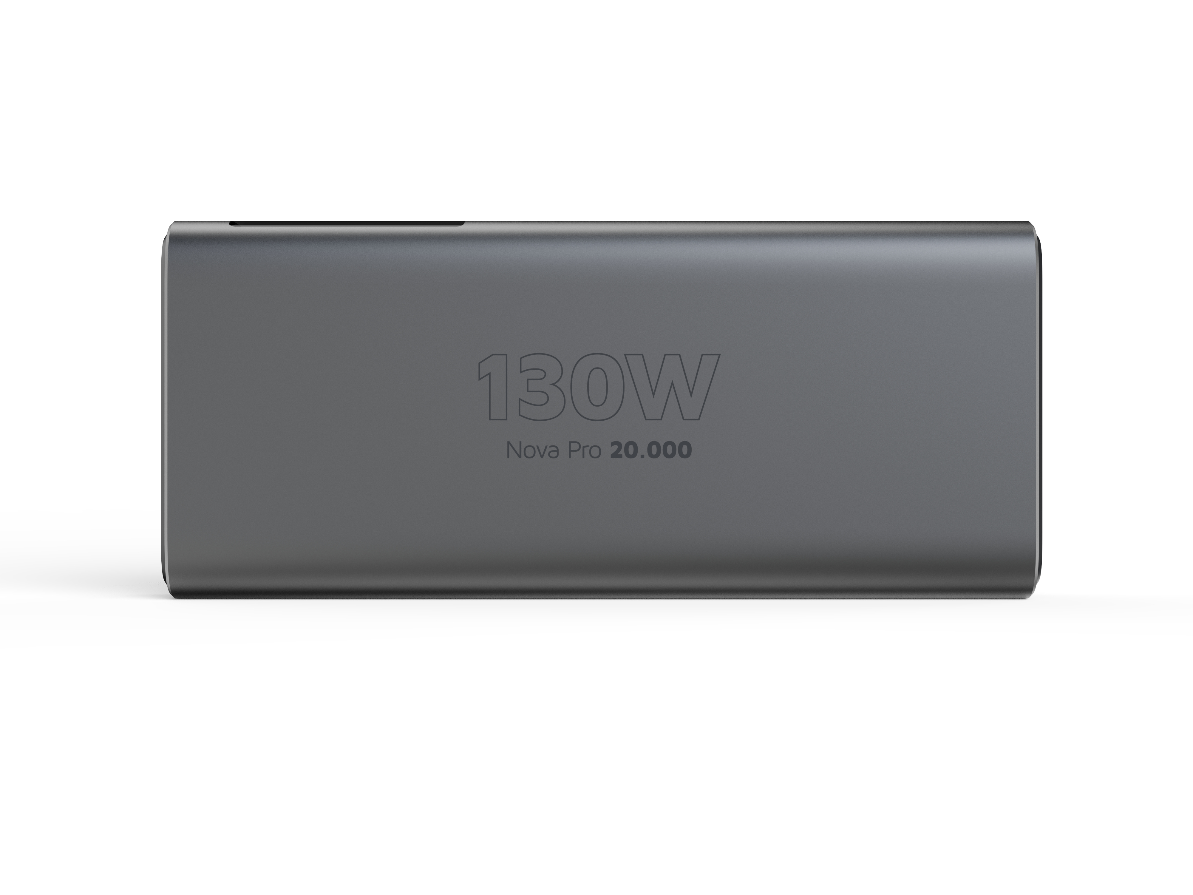 Graue Powerbank mit Aufdruck '130W' und 'Nova Pro 20.000' vor weißem Hintergrund.
