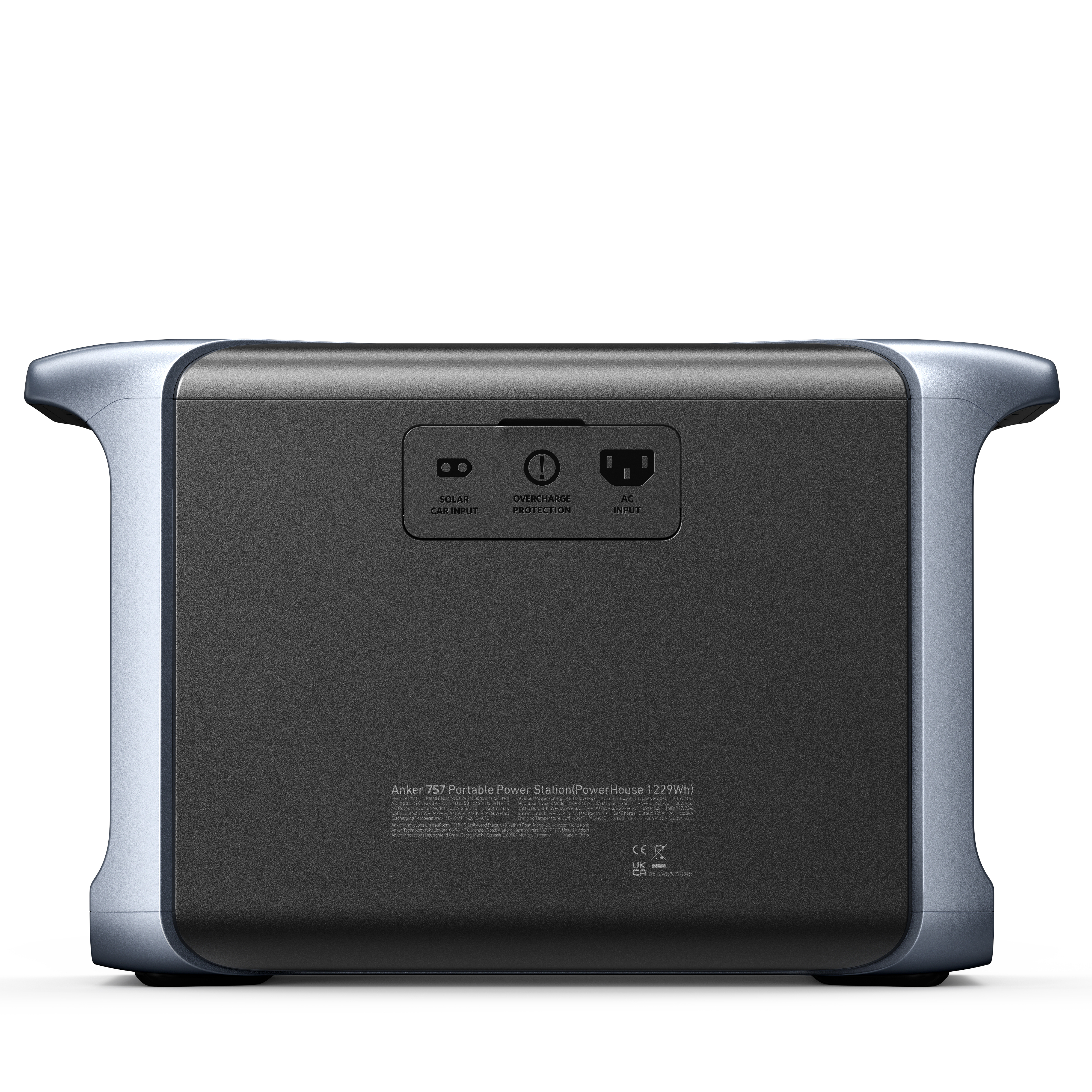 Anker 757 tragbare Powerstation. Dunkelgrauer Körper mit silbernen Kanten. Hat Eingangs- und Ausgangsanschlüsse.