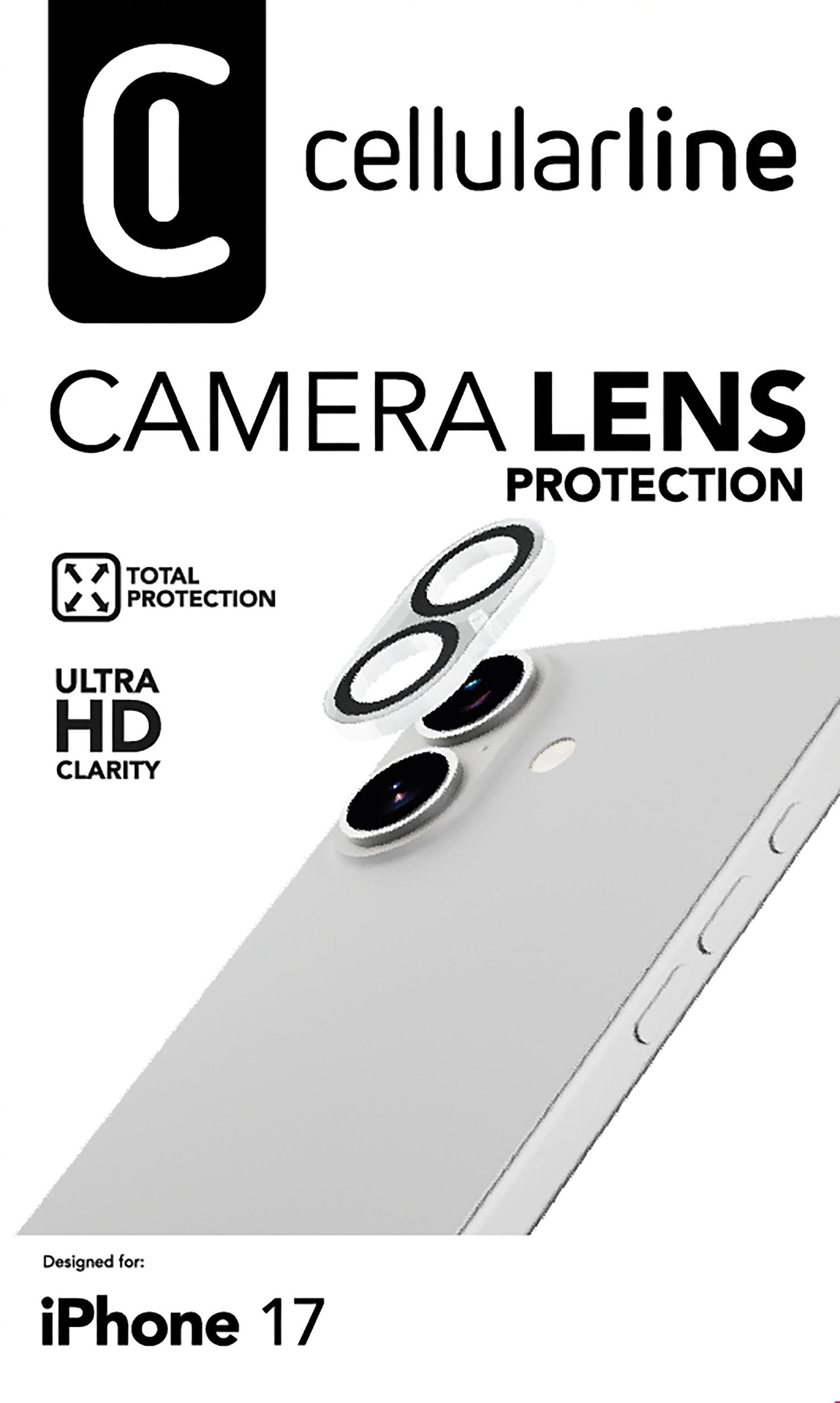 L'immagine mostra un telefono con protezioni per lenti. Il testo recita 'Camera Lens Protection' e 'iPhone 17'.