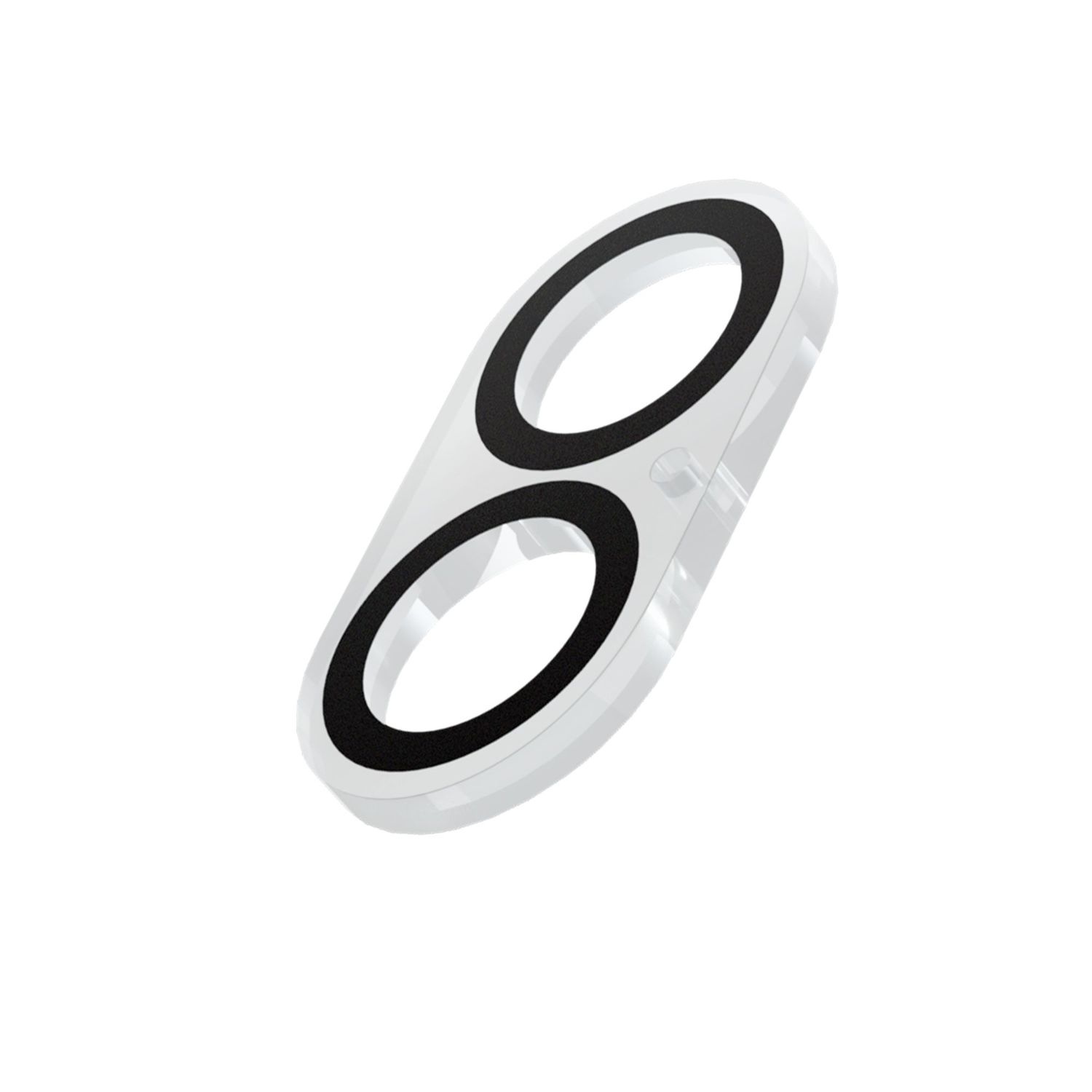 Un oggetto ovale bianco e trasparente con due anelli neri, probabilmente una copertura per lenti.