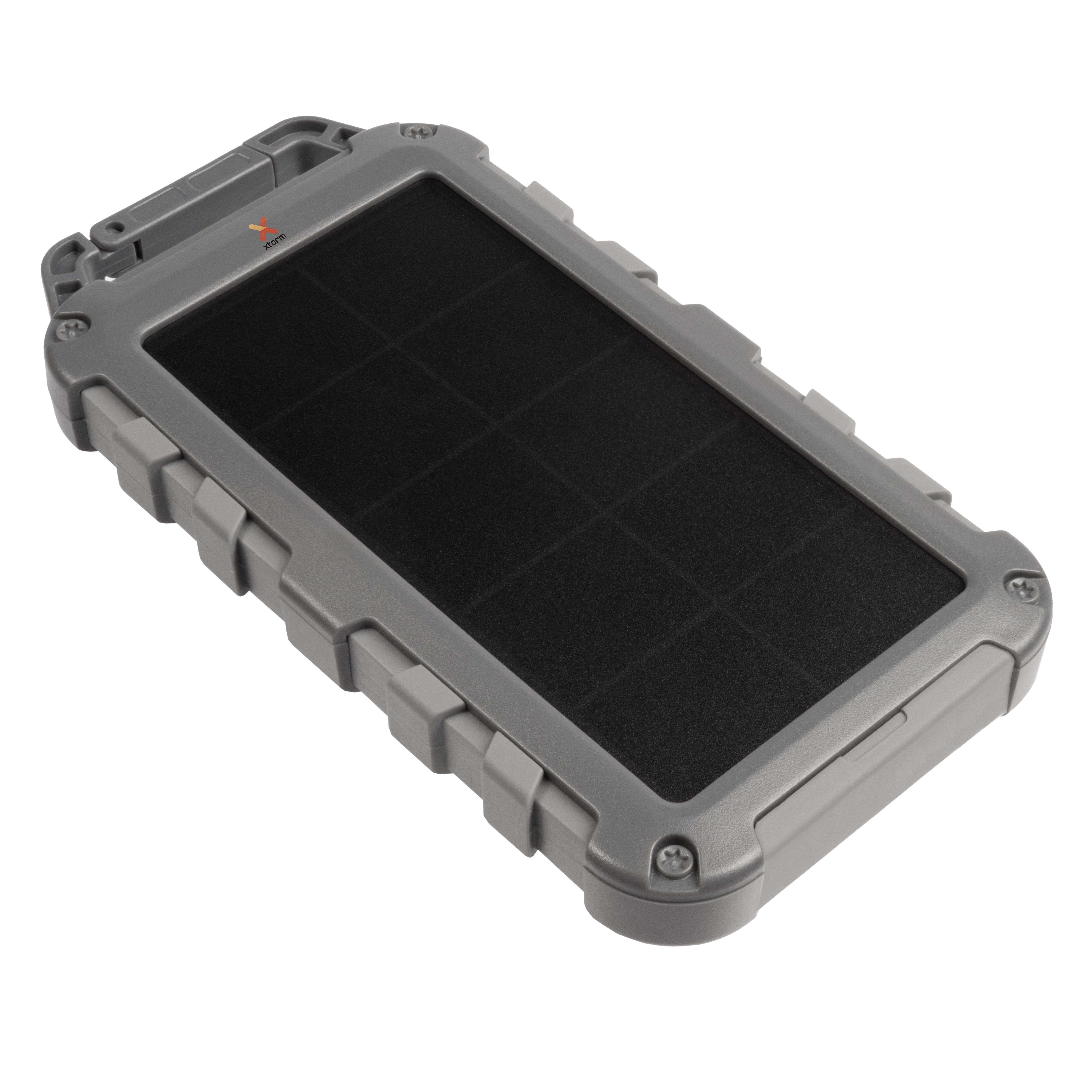 Graues Solar Ladegerät mit schwarzem Panel. Es hat einen strukturierten Rahmen und das xtorm Logo.
