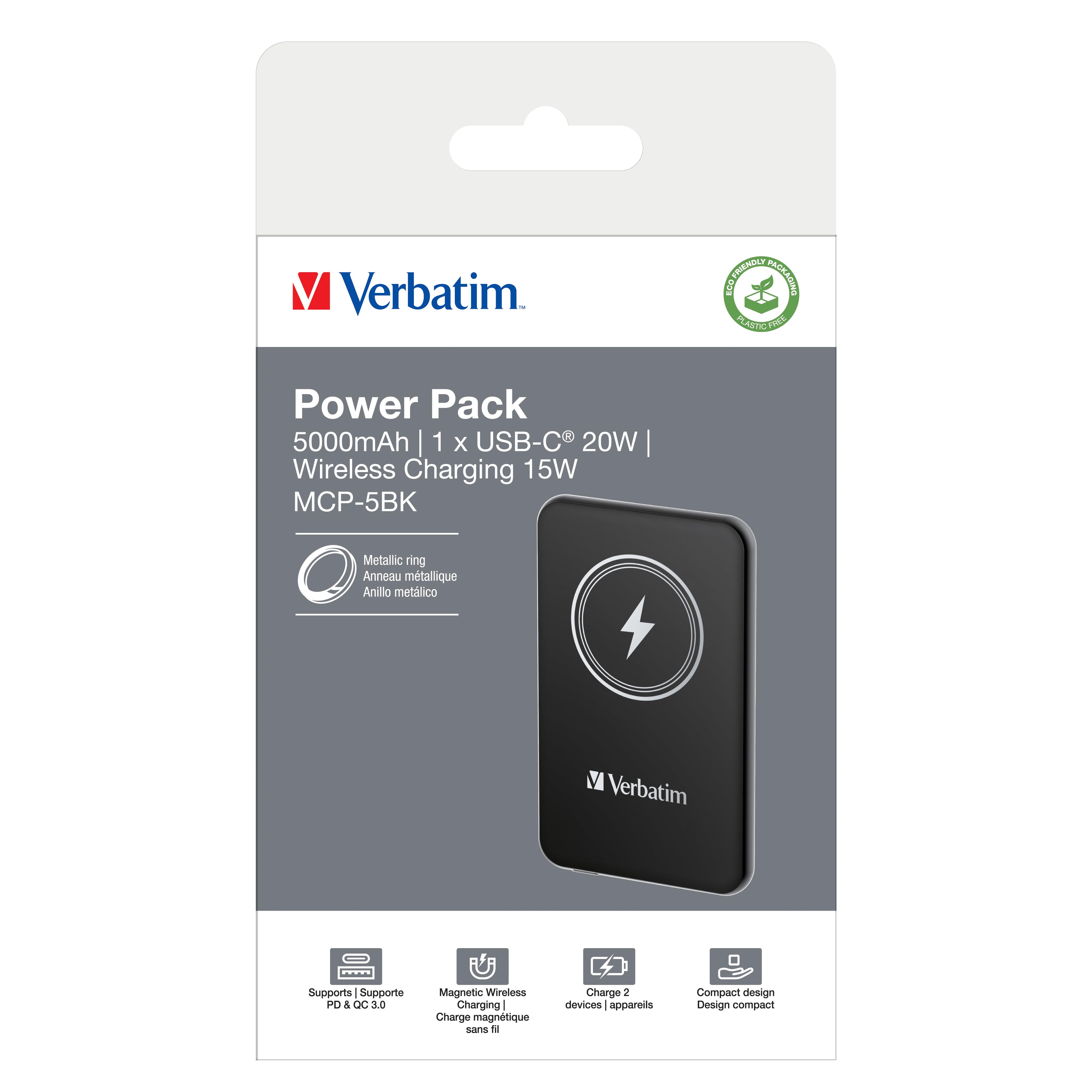 Een Verbatim powerpack op een witte achtergrond. Het is zwart met een oplaadsymbool. Tekst bevat productdetails.