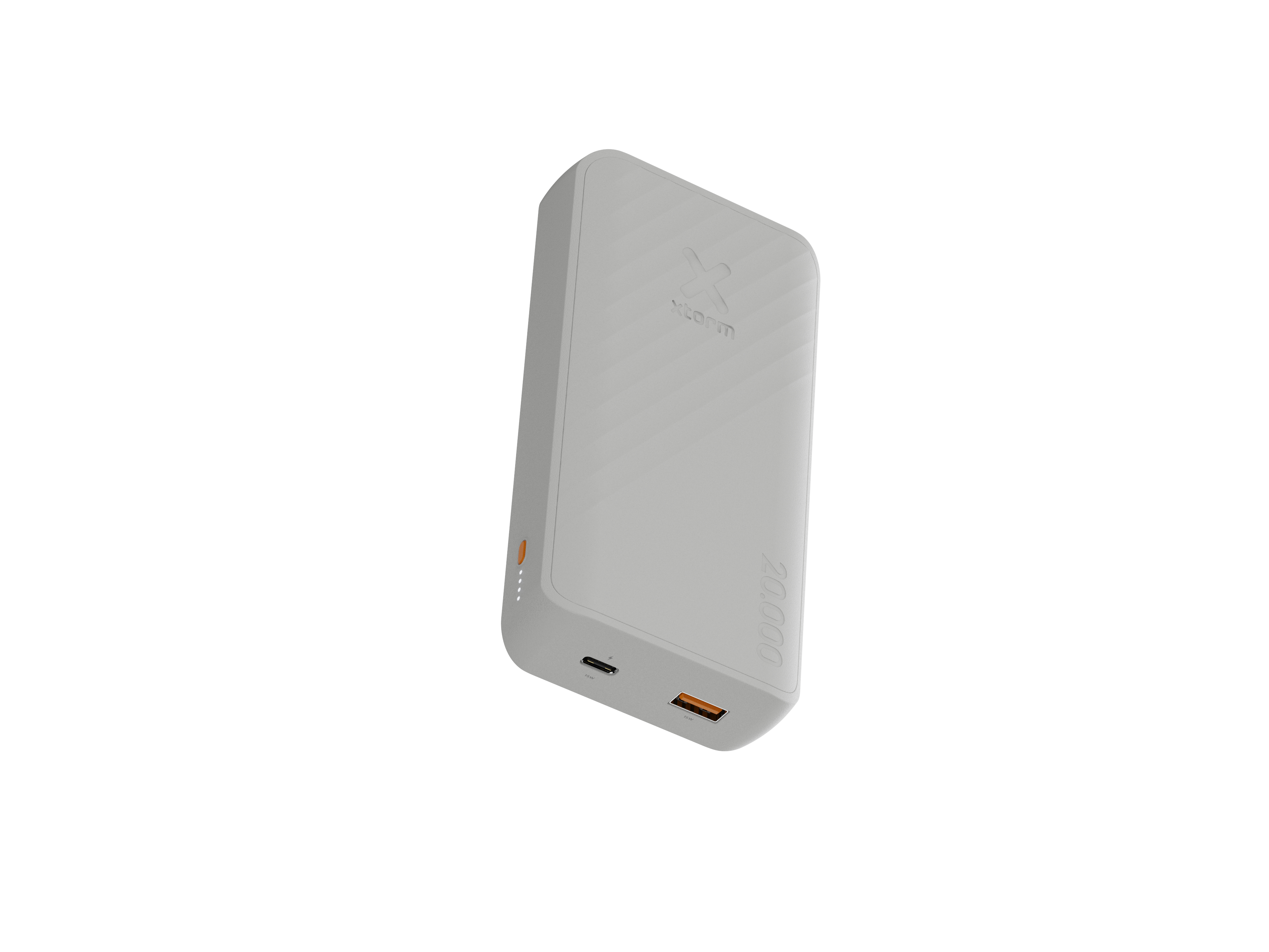 Eine graue X-Storm 20.000 mAh Powerbank ist vor weißem Hintergrund isoliert. Sie hat Ladeanschlüsse und Batterieanzeigen.