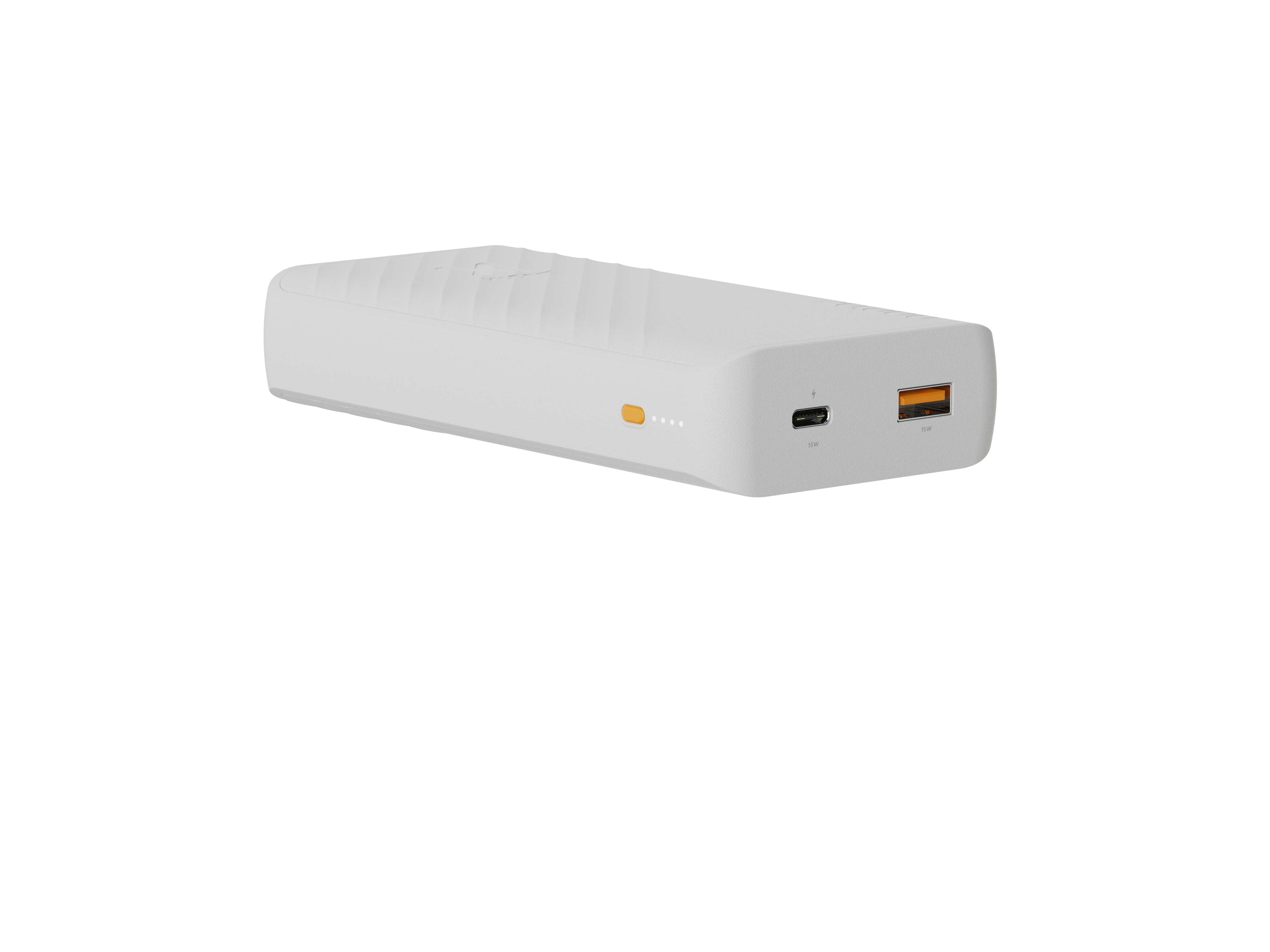 Eine weiße Powerbank mit orangefarbenen Ladeanschlüssen und Anzeigen auf weißem Hintergrund.