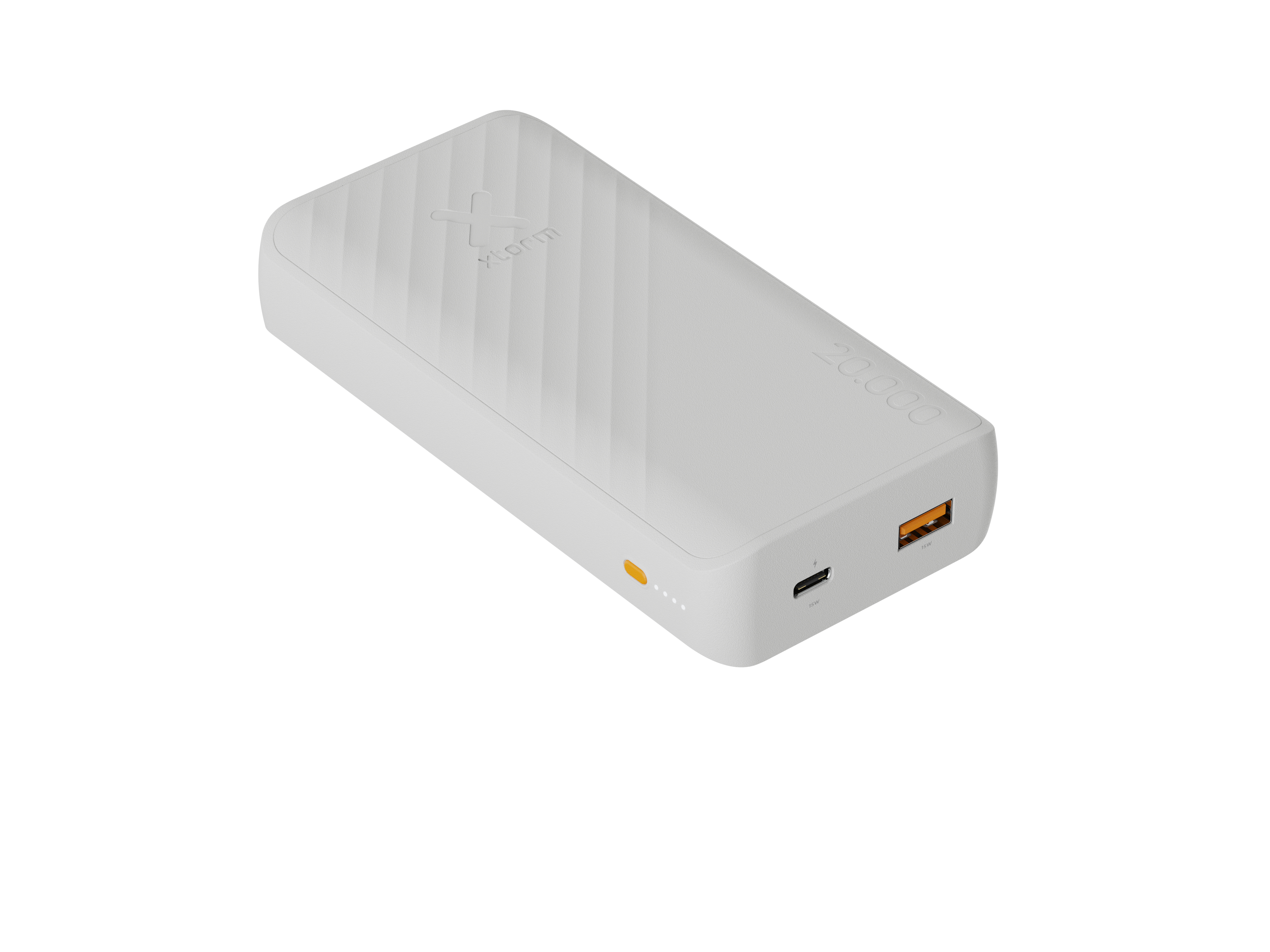 Weißes Powerbank mit strukturierter Oberseite. Hat orangefarbene USB-Anschlüsse und einen Ein-/Ausschalter. Der Markenname ist sichtbar.