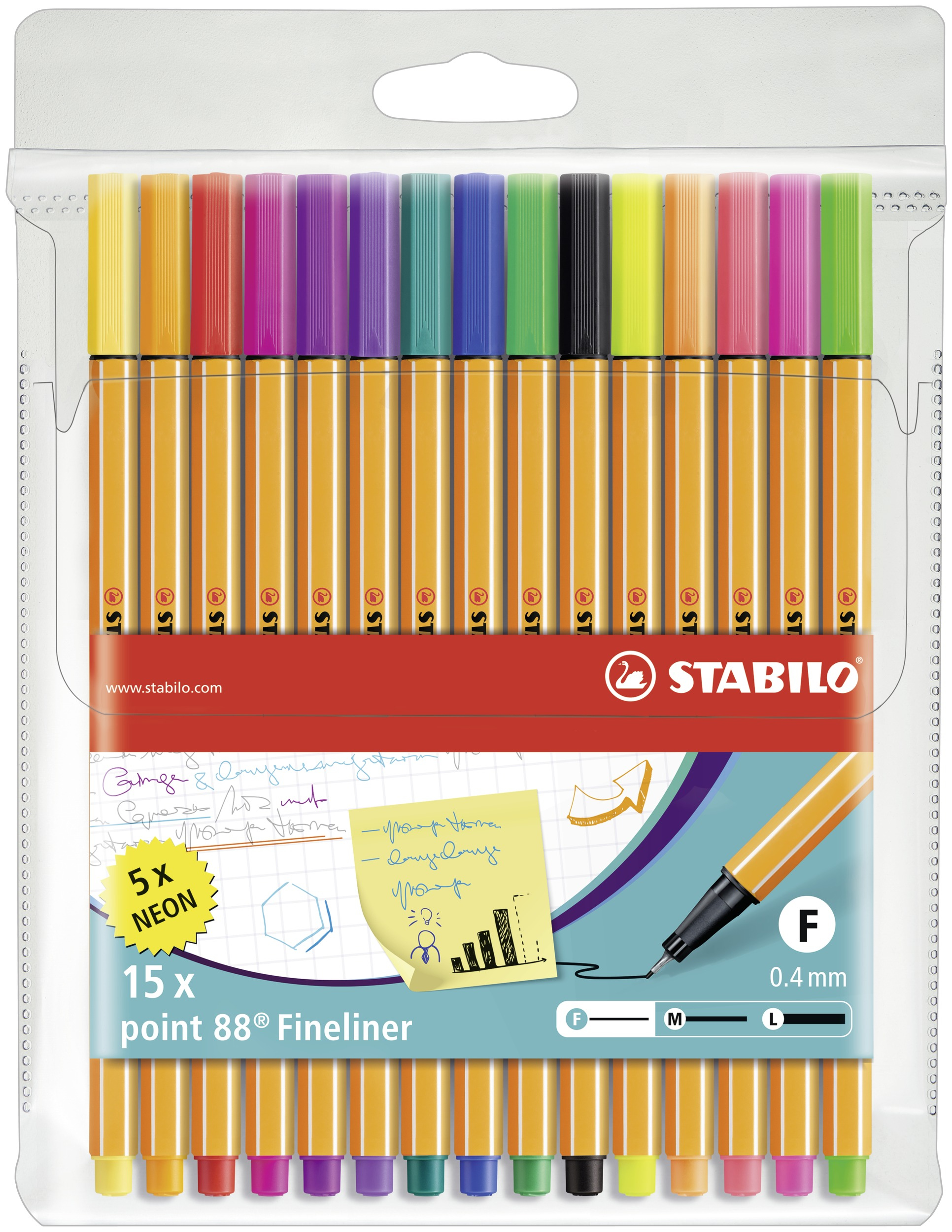 Un pacco di fineliner Stabilo. Sono visibili quindici penne con cappucci di colori diversi.