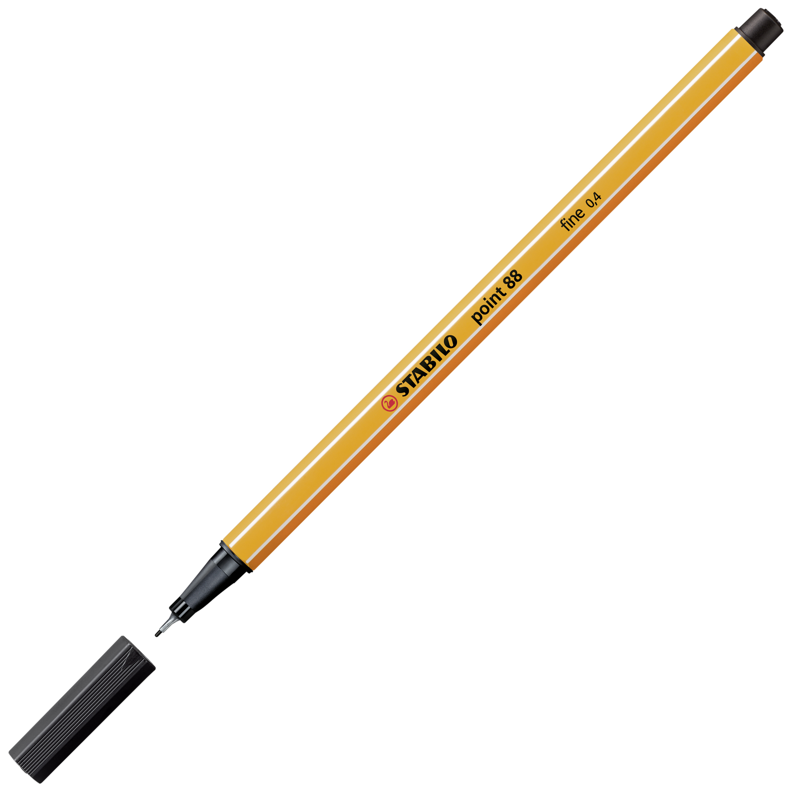 Una penna gialla e arancione, con un cappuccio nero staccato. La penna è etichettata 'Stabilo Point 88 fine 0.4'.