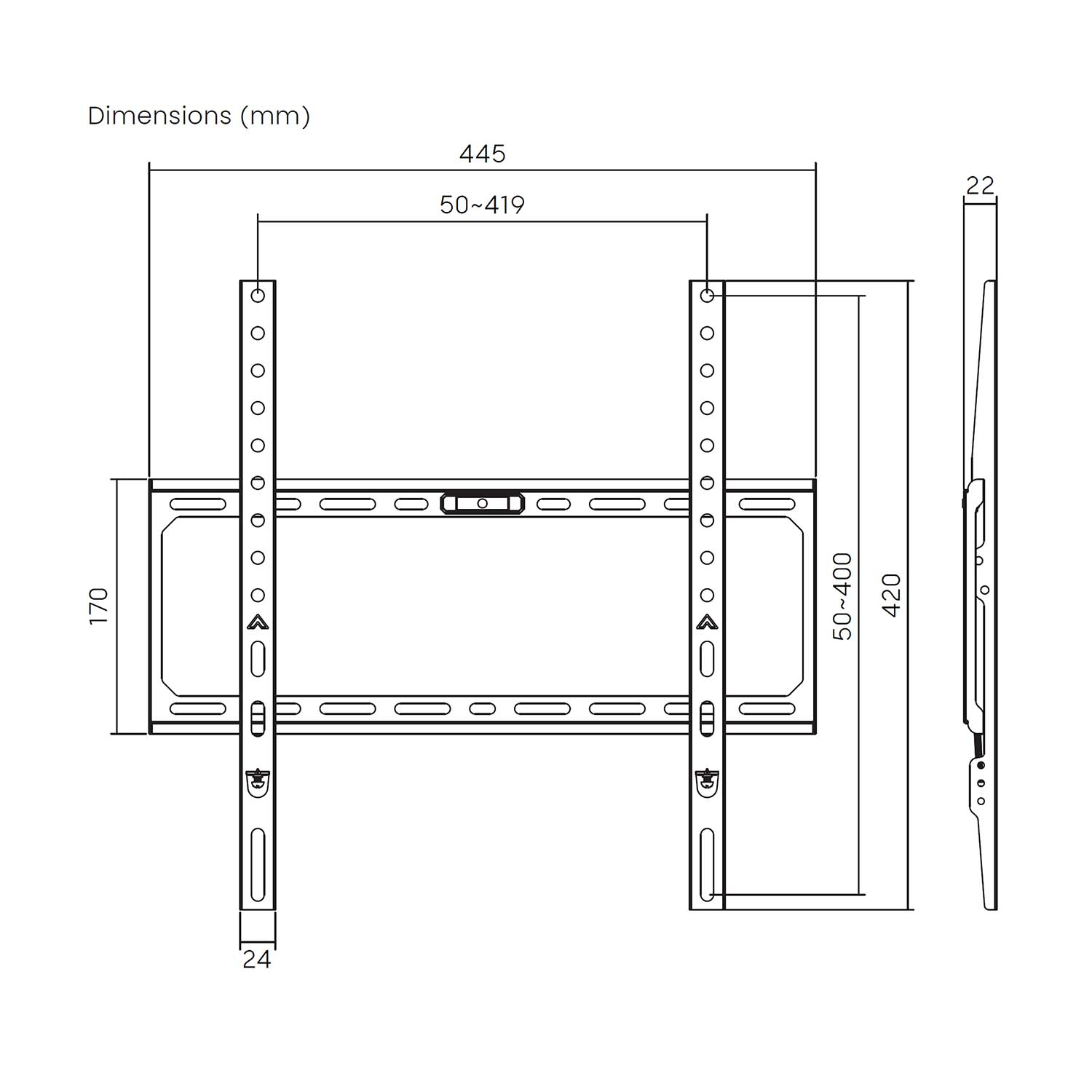 Disegno tecnico di un supporto a parete per TV con dimensioni in millimetri. Il supporto è nero e ha diversi fori.