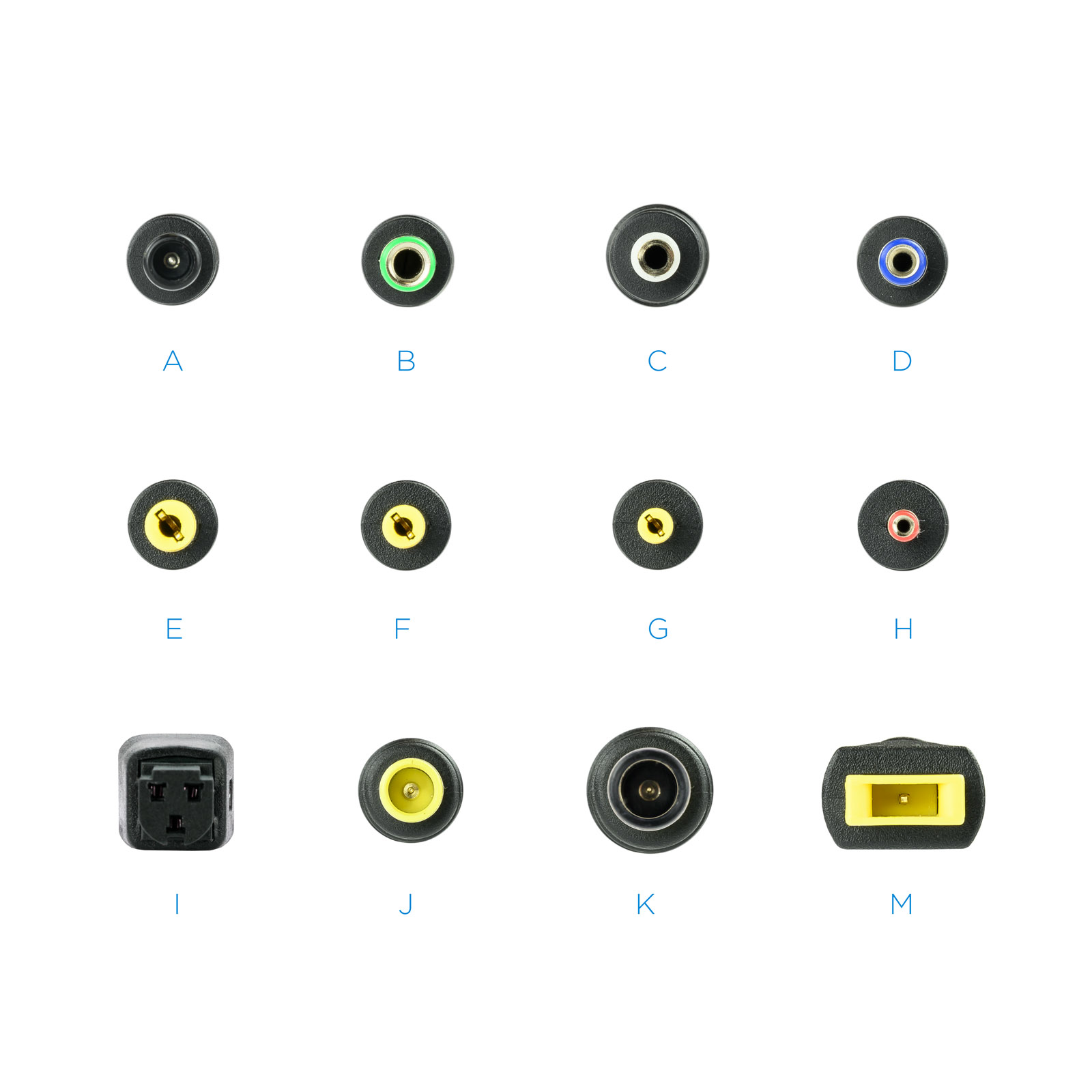 Imagen muestra conectores de adaptador de corriente. Son negros con centros de colores, etiquetados de A a M sobre un fondo blanco.