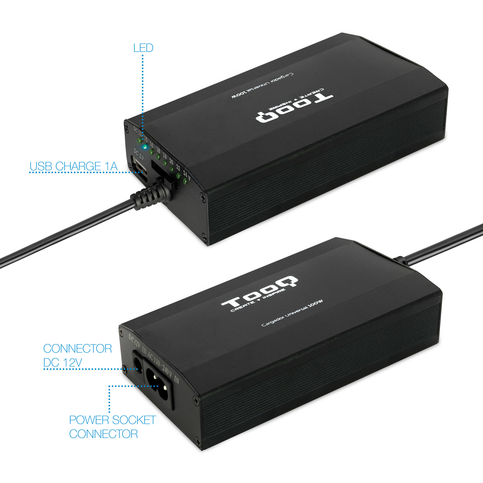 Dos adaptadores de corriente negros con etiquetas, conectores y LEDs. Un cable USB está conectado al superior.