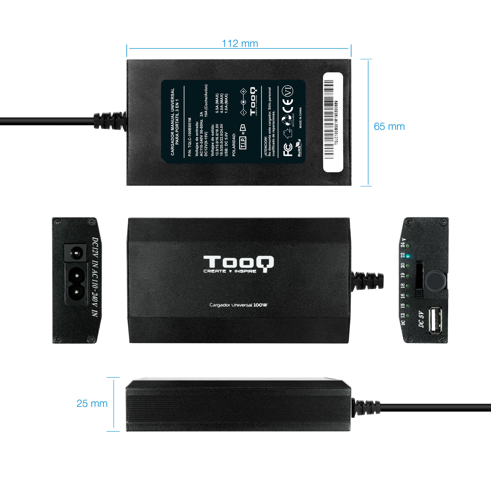 Cargador universal negro con múltiples salidas, DC y USB, con dimensiones mostradas.