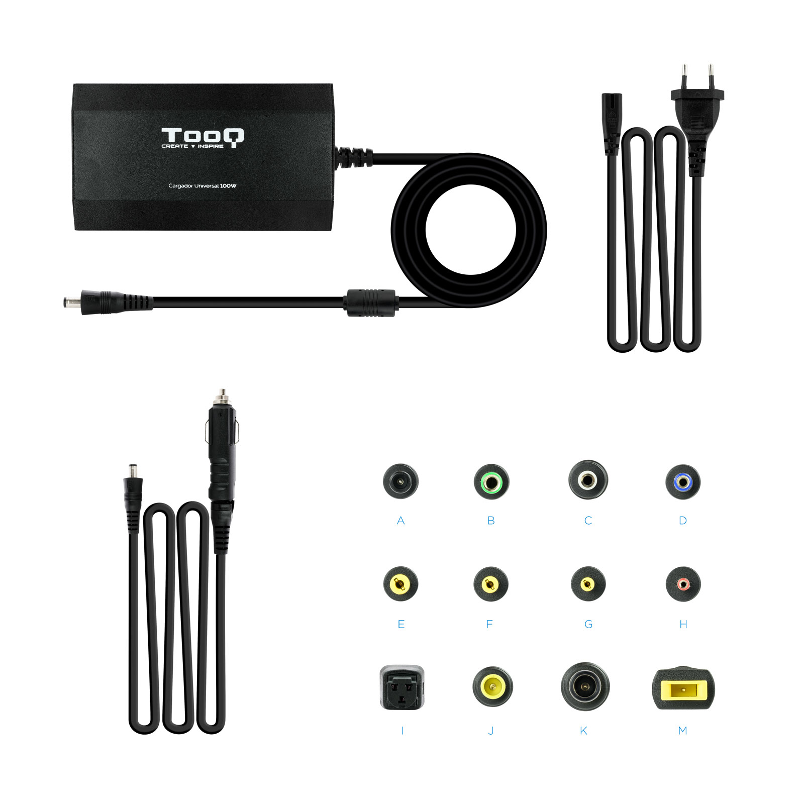 Un kit de cargador universal negro con varios conectores, cable de alimentación y cable de cargador de coche, sobre fondo blanco.