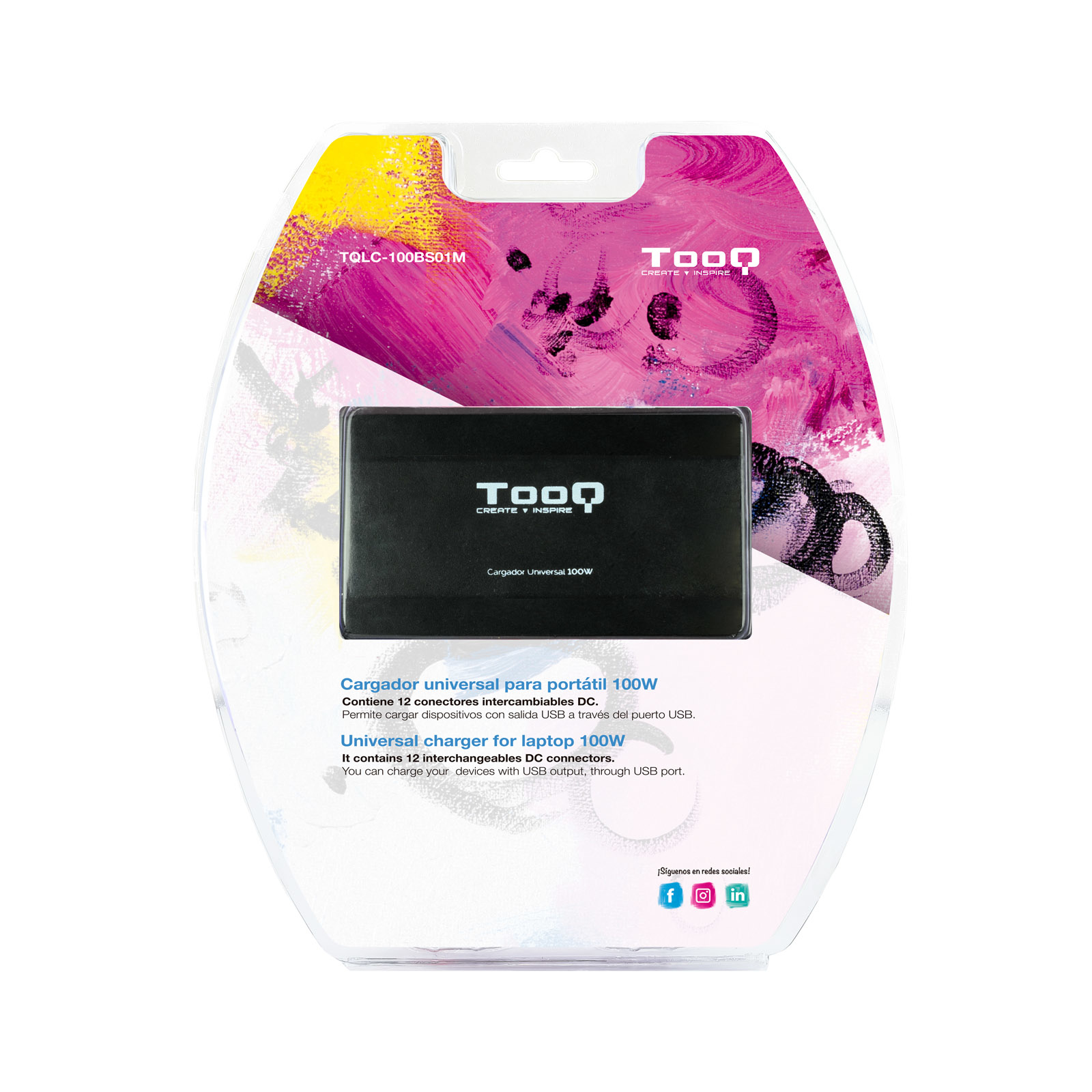 Paquete de cargador para portátil. Cargador negro en plástico transparente. Fondo rosa y blanco con texto y logotipos.