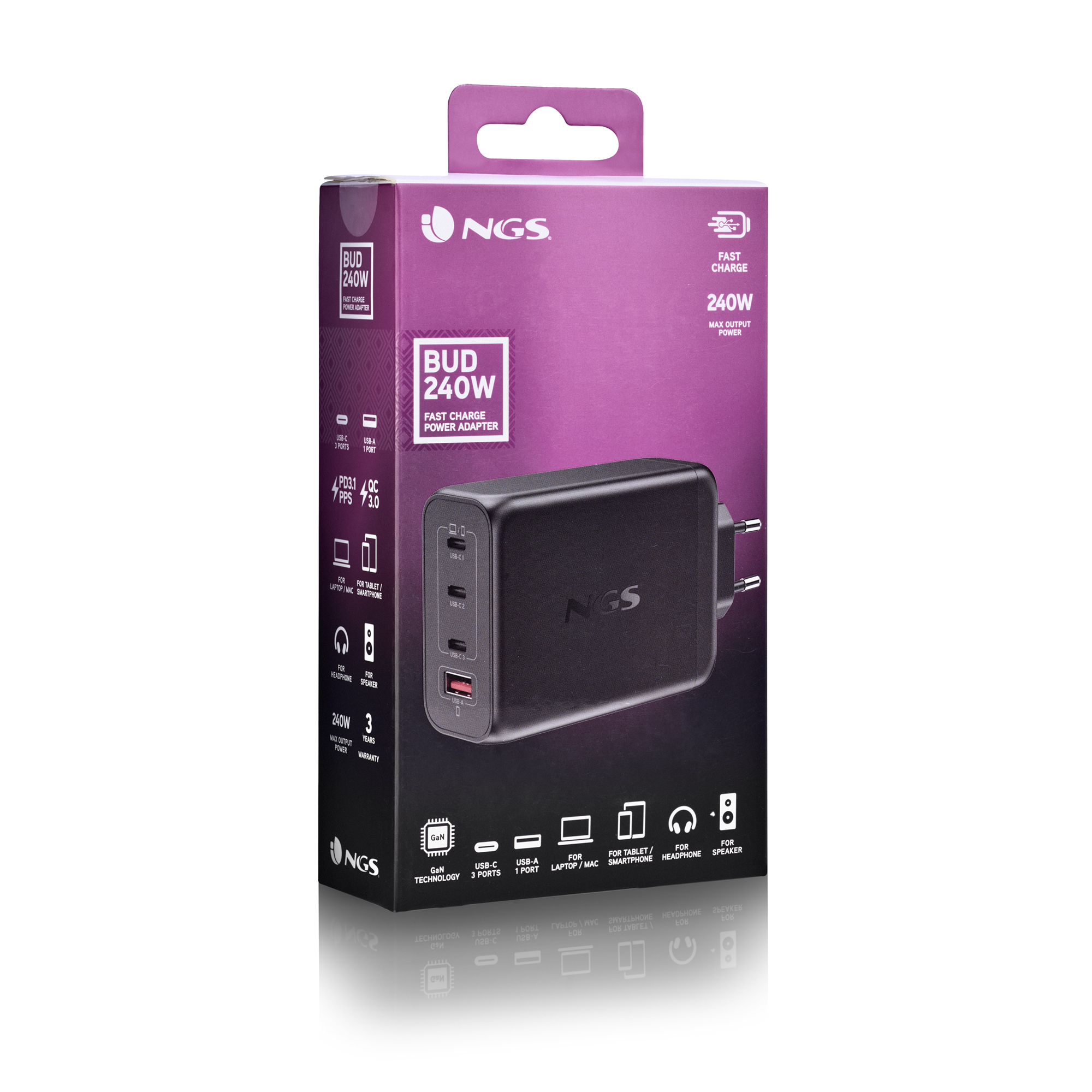 Un adattatore di alimentazione nero NGS Bud 240W sulla sua scatola viola e nera, con nome e caratteristiche.