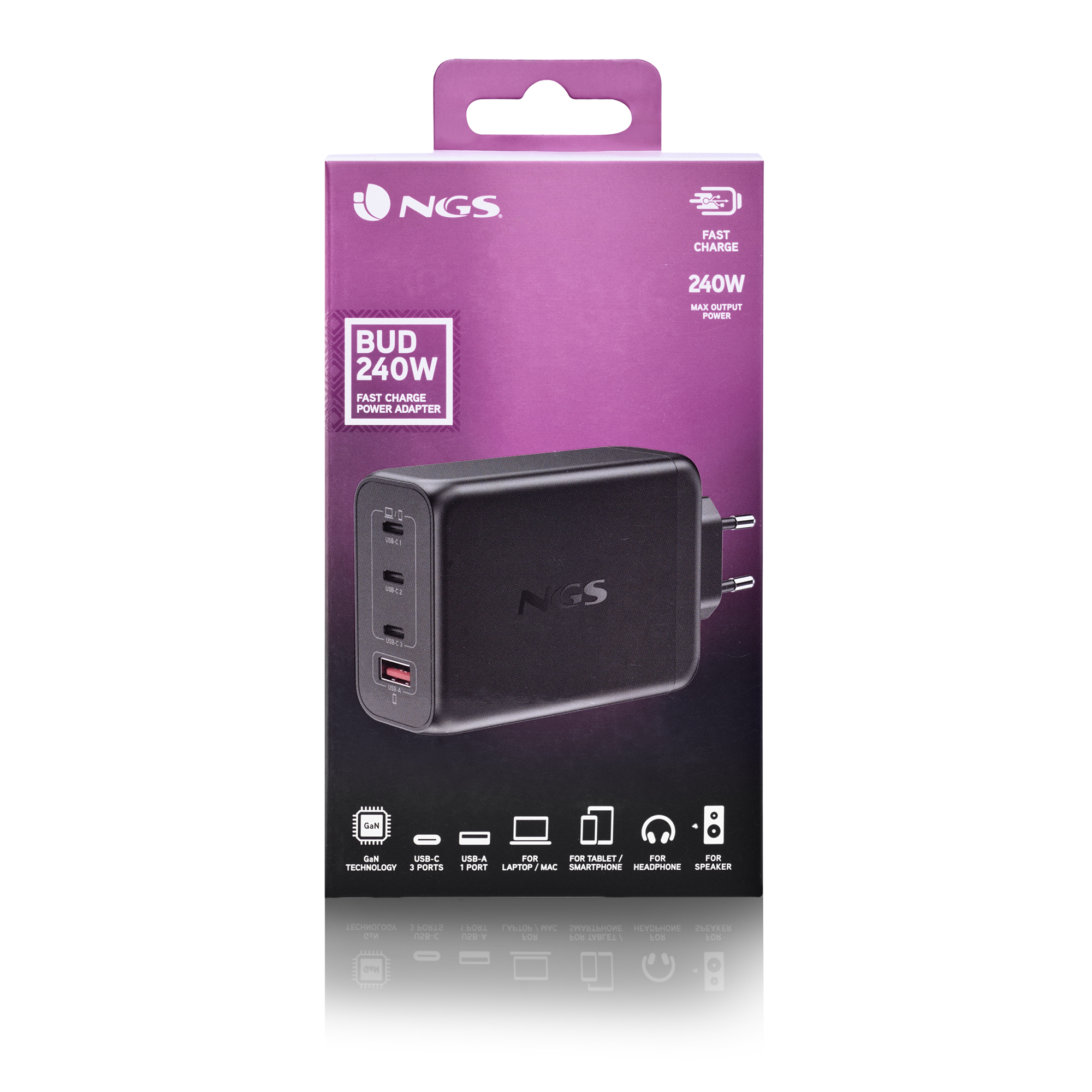 Una scatola nera dell'adattatore di alimentazione a ricarica rapida NGS Bud 240W. Ha porte USB-C e USB-A. È progettato per vari dispositivi.