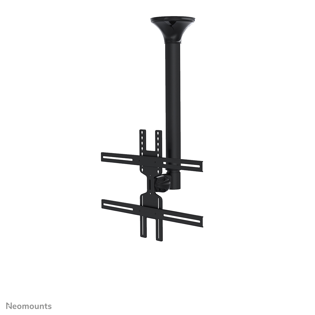 Support de plafond noir pour TV. Il possède une plaque de plafond, une tige verticale et des bras horizontaux.