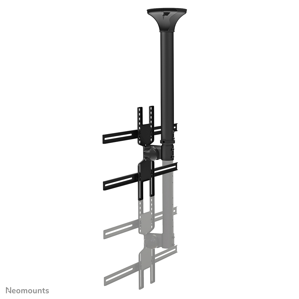 Support de TV de plafond noir. Il possède un poteau vertical avec un système de montage pour la TV et des bras horizontaux.