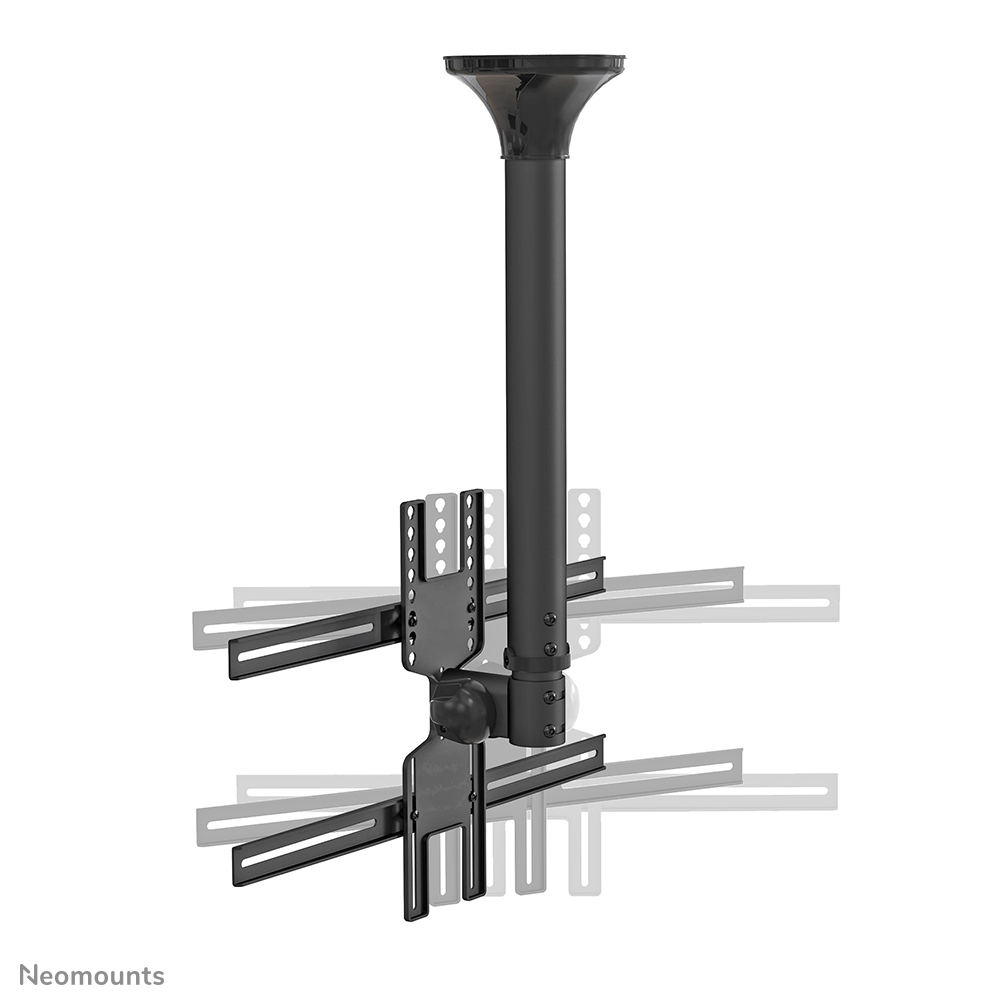 Un support de plafond noir pour téléviseur. Il a un poteau vertical et des bras horizontaux pour le montage.