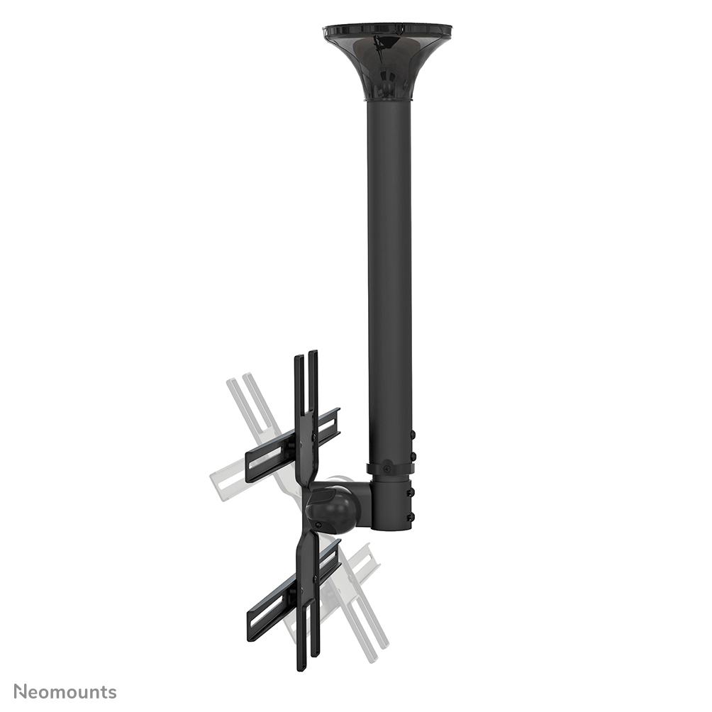 Un support TV noir pour plafond. Il a un poteau vertical et des bras réglables pour tenir une TV. Le fond est blanc.