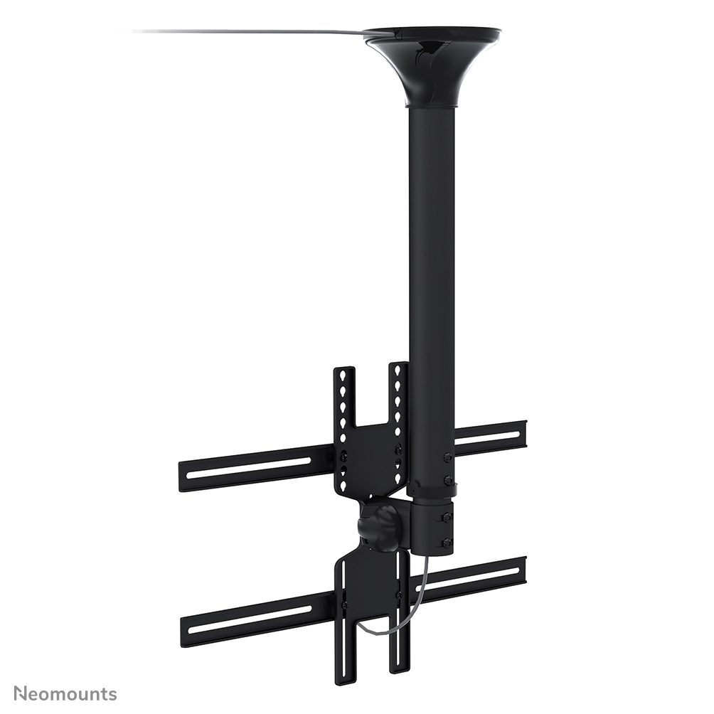 Support TV noir pour plafond. Il a une plaque de plafond, un poteau vertical et des bras horizontaux. Fond blanc.