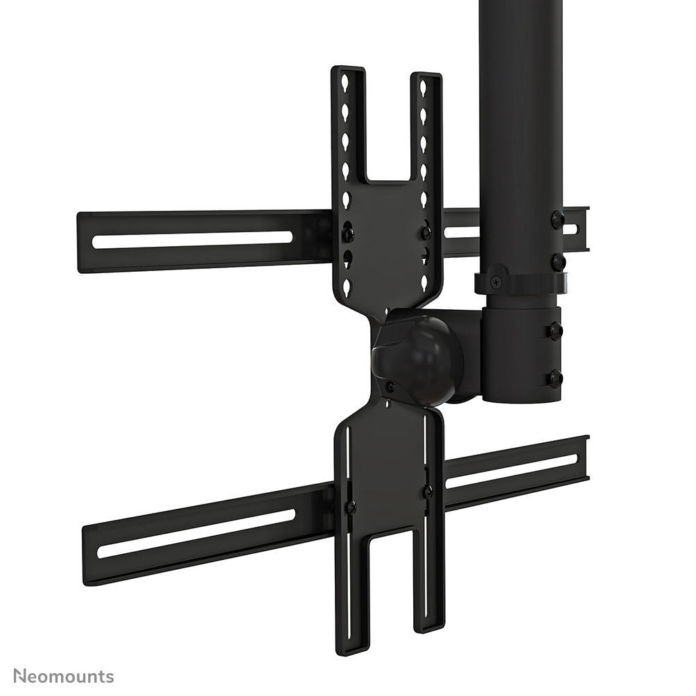 Support de plafond TV en métal noir, avec bras de support horizontaux et verticaux, un joint central et un poteau cylindrique.