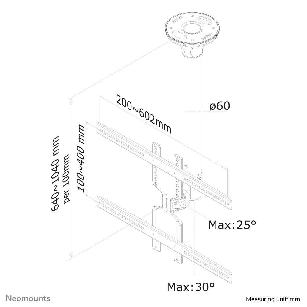 Schéma d'un support de plafond avec dimensions. Inclut des mesures en mm et des angles comme Max: 25° et Max: 30°.