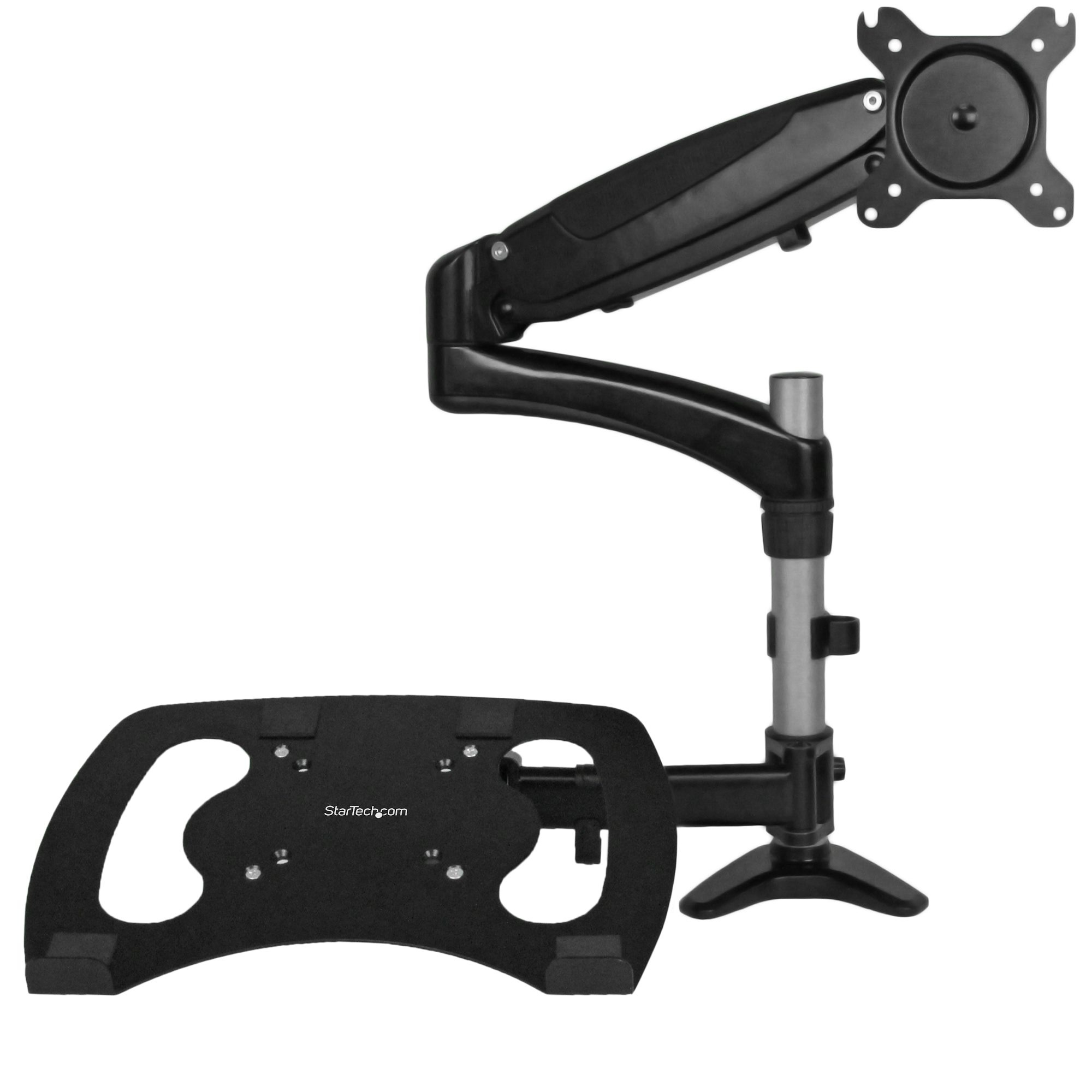 Bras de moniteur noir et argent avec une base noire et un support de moniteur noir, isolé sur fond blanc.