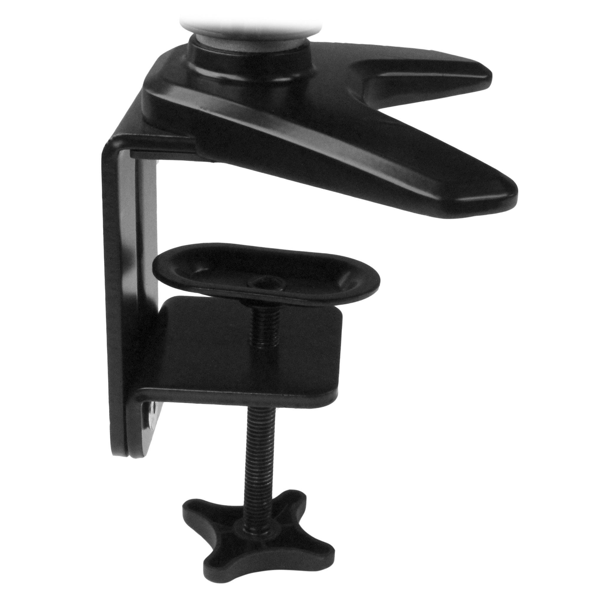 Une pince de bureau noire avec un mécanisme à vis. Elle a une pince en C, une petite plate-forme et un bouton en forme d'étoile.