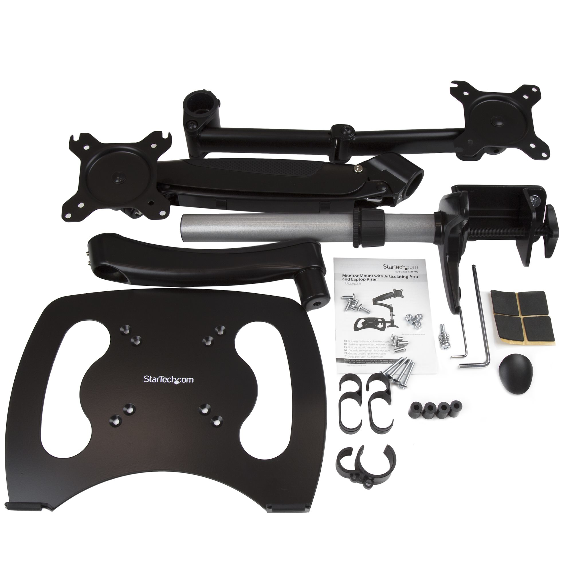 Kit de montage de moniteur démonté, composants noirs et argentés, dont bras, supports, vis et base.