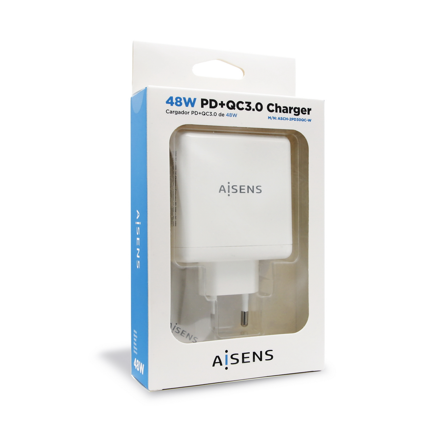 Un cargador blanco en una caja. La caja es blanca y azul con la marca "Aisens". El cargador es un modelo 48W PD+QC3.0.