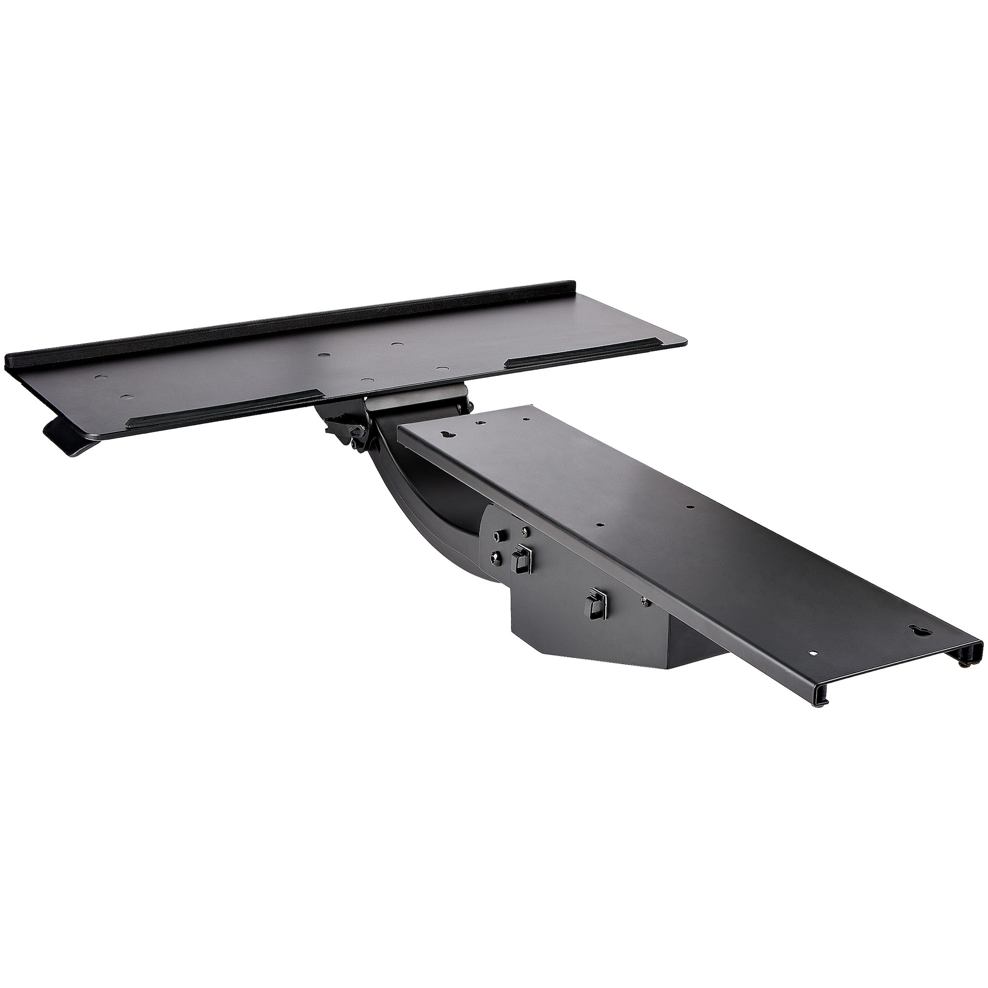 Schwarzes, verstellbares Tastaturfach. Es hat zwei Plattformen, die durch einen gekrümmten Mechanismus verbunden sind. Weißer Hintergrund.