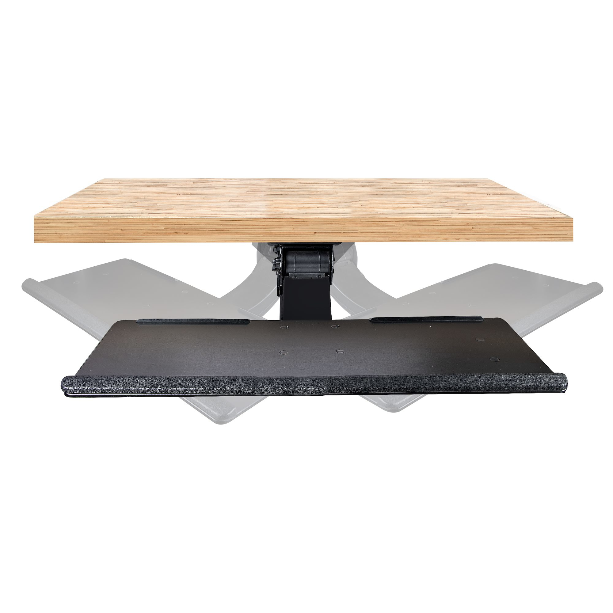 Ein Schreibtisch mit ausziehbarer Tastaturablage. Der Schreibtisch ist holzfarben und die Ablage schwarz. Der Hintergrund ist weiß.
