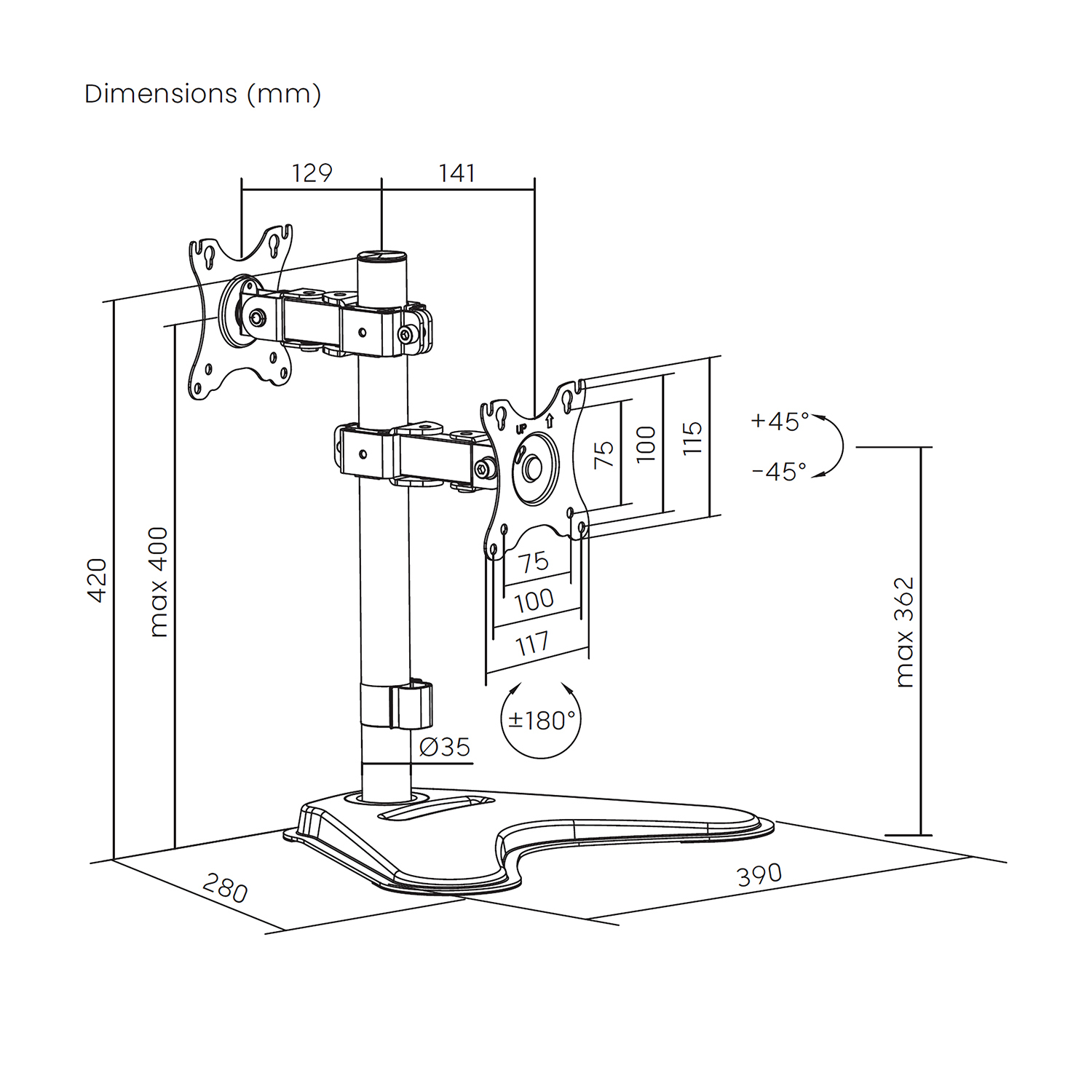 Diagramma di un supporto per doppio monitor con dimensioni in mm. Mostra altezza, larghezza e angoli regolabili.