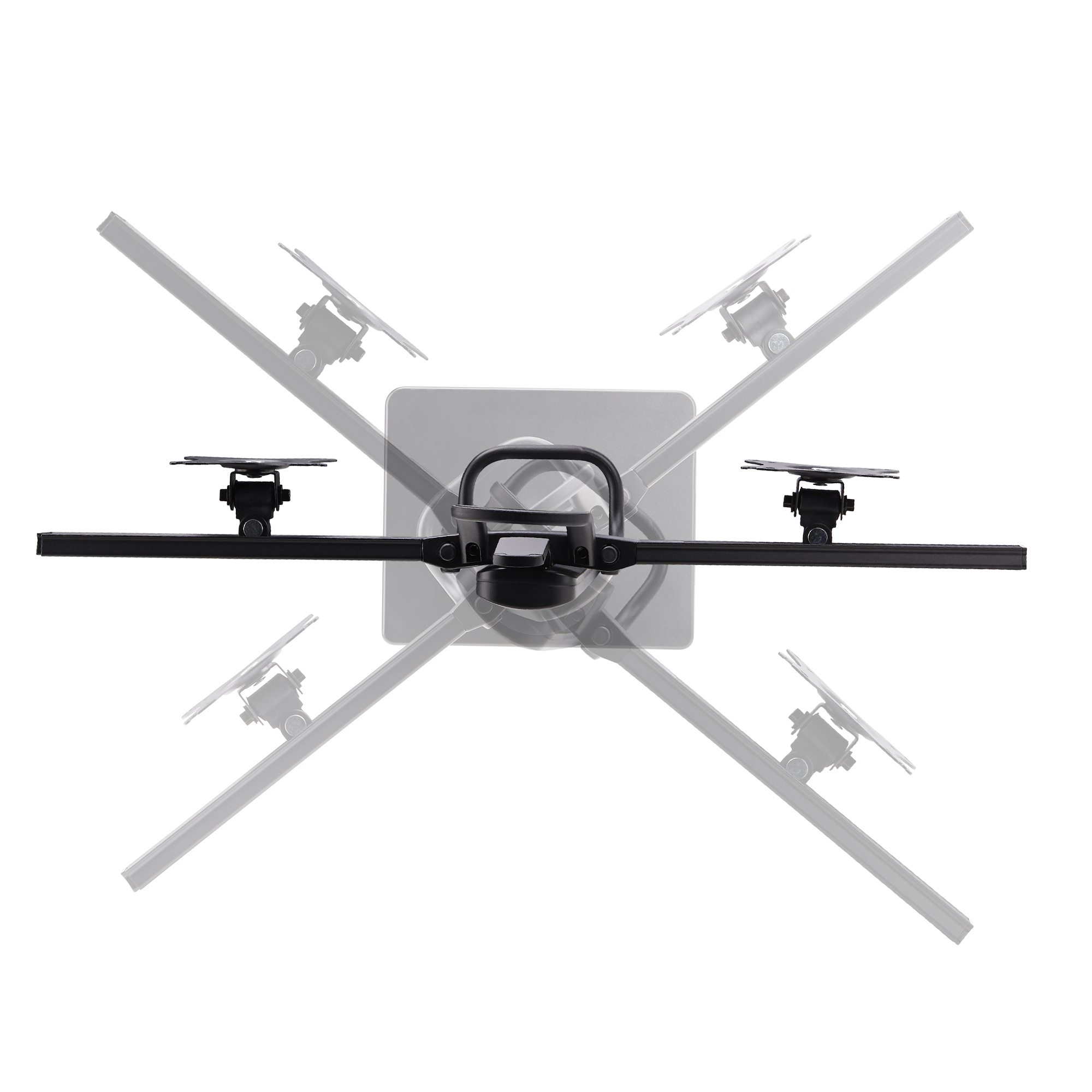 Schwarze und graue Monitorhalterung. Zentrales Quadrat mit gebogenem Griff und Armen mit Monitorhalterungen.