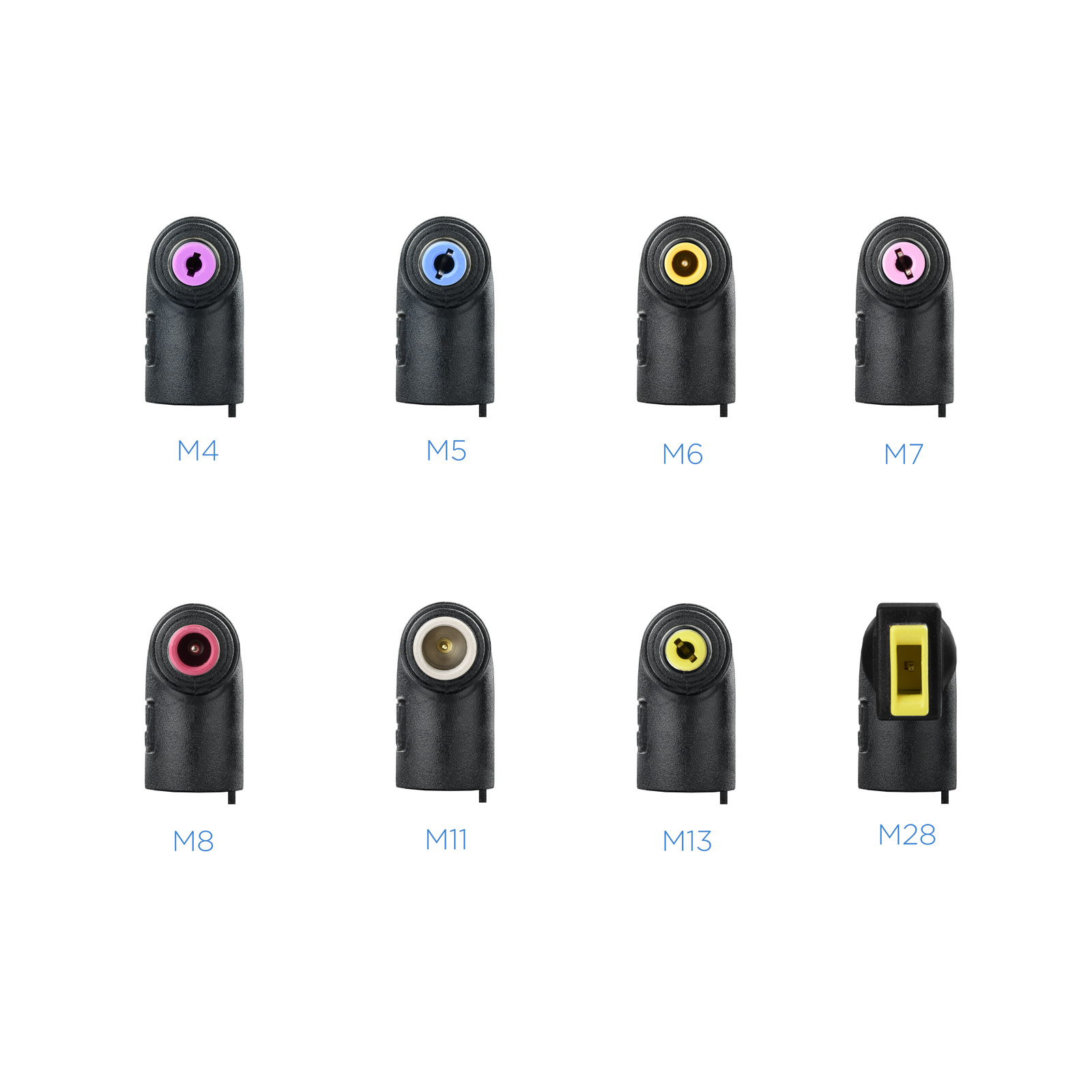 Ocho adaptadores de corriente negros con interiores de diferentes colores. Etiquetas M4, M5, M6, M7, M8, M11, M13 y M28.